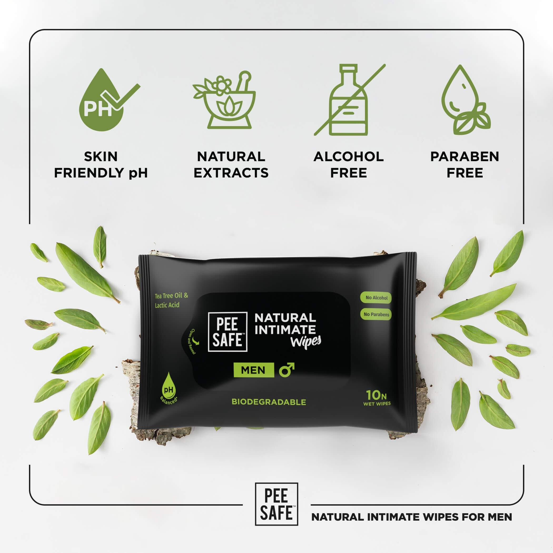 Peesafe Intimate Wipes For Men Biodegradable Ph Balanced 40 Wipes Tea Tree, 4 Count