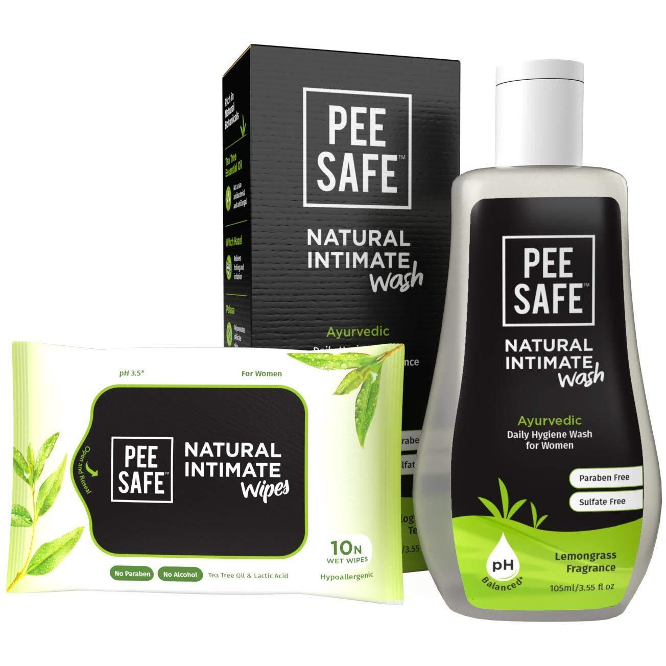 Pee Safe Intimate Wash For Women Natural Ayurvedic With Lemongrass Fragnance And 100% Alcohol-Free - 105Ml And Natural Intimate Wipes (Pack Of 10 Wipes)
