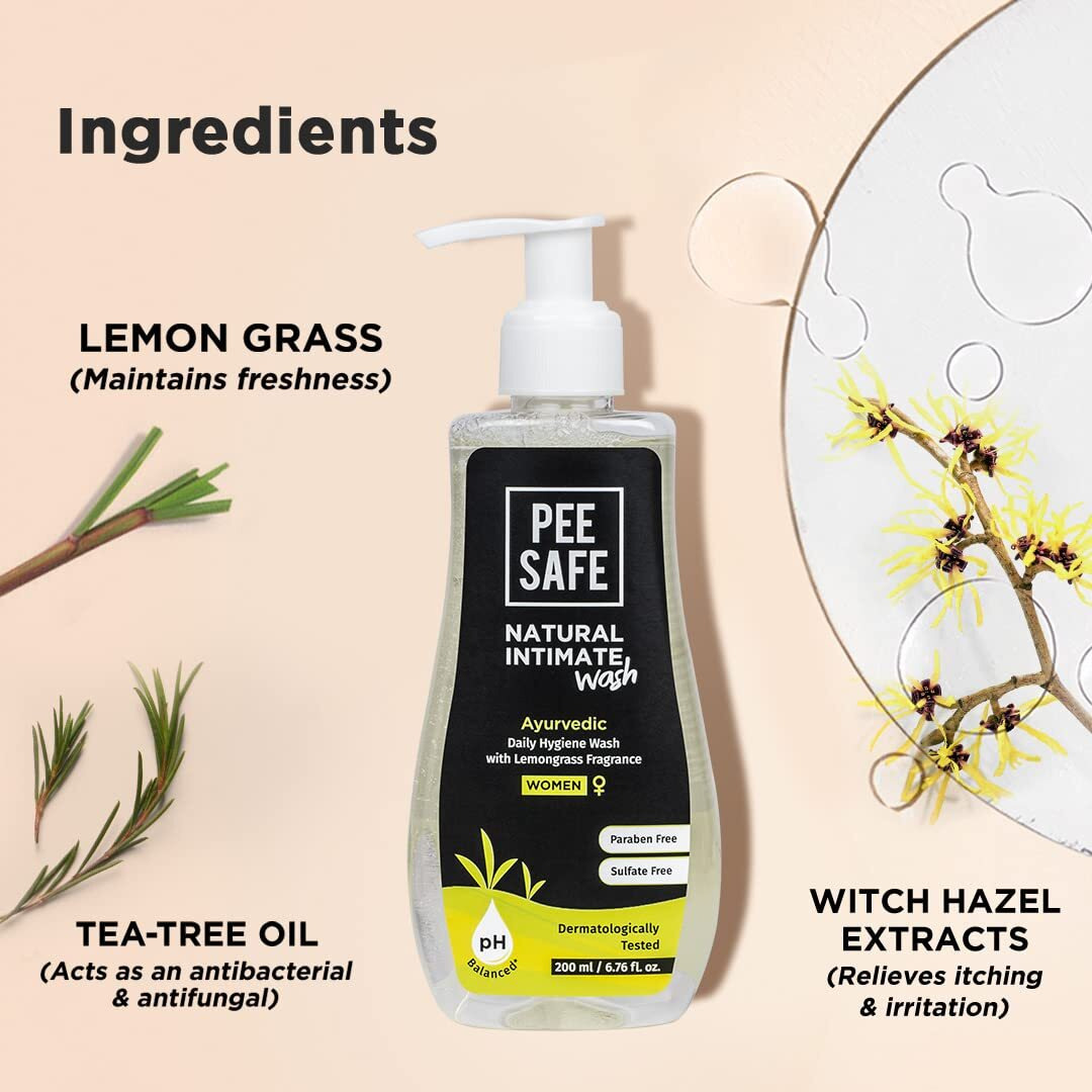 Pee Safe Intimate Wash For Women 200Ml Natural Ayurvedic With Lemongrass Fragrance And 100% Alcohol-Free | Ph Balanced | Paraben-Free | Sulfate-Free