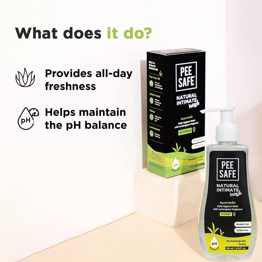 Pee Safe Intimate Wash For Women 200Ml Natural Ayurvedic With Lemongrass Fragrance And 100% Alcohol-Free | Ph Balanced | Paraben-Free | Sulfate-Free