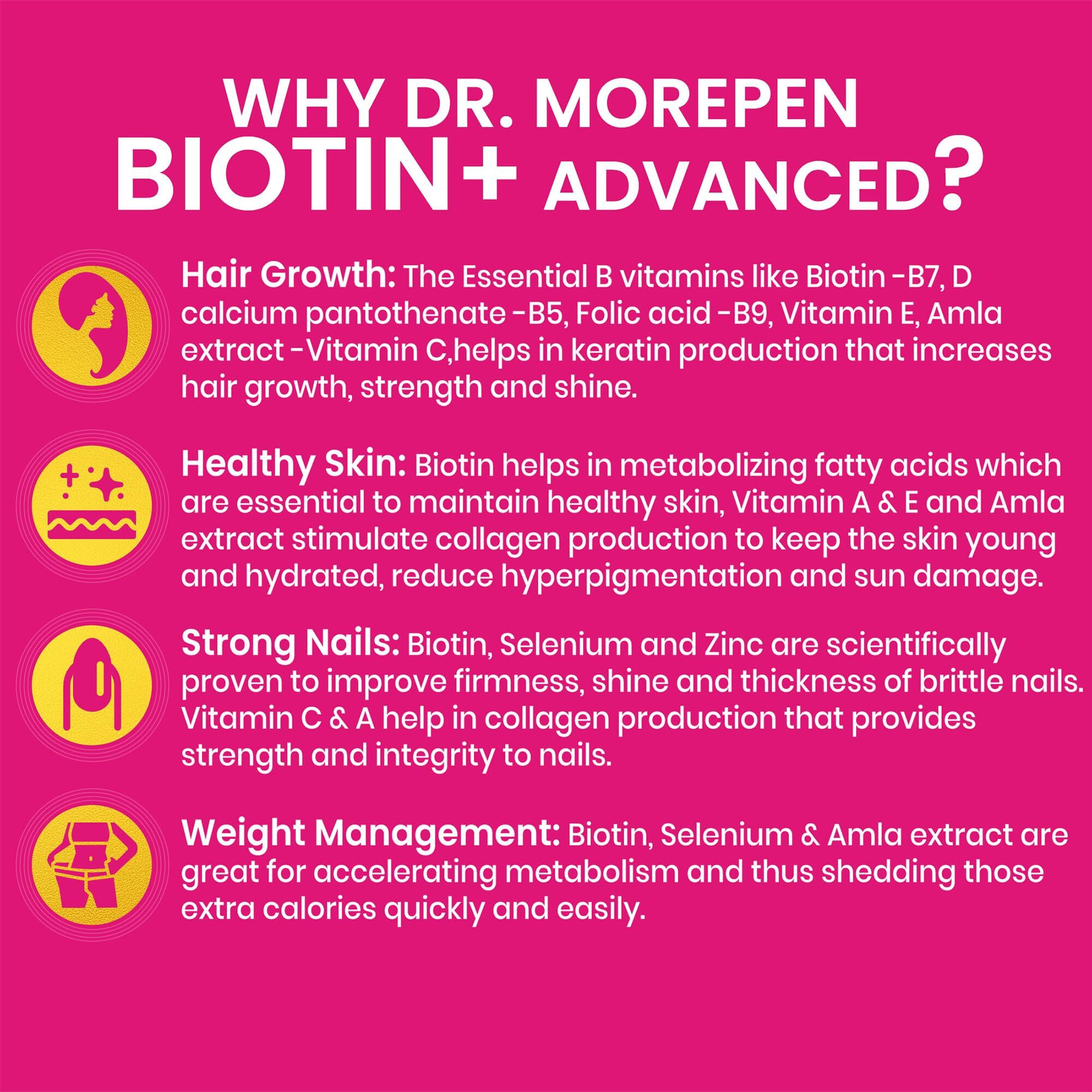 Dr. Morepen Biotin+ Tabs | With Multivitamins, Amino Acids, Natural Extract Of Amla, Turmeric & Green Tea, Bhringraj & Brahmi | (60 Tablets)