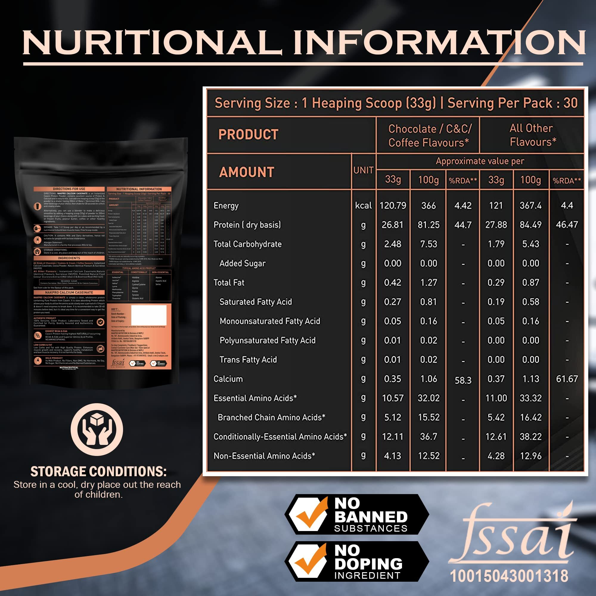 Nakpro Calcium Caseinate | 26.81G Protein, 5.12G Bcaa | Helps In Muscle Recovery | Slow Absorbing, Slow Digesting, Low Carbs Casein Protein Powder (2 Kg, Coffee)