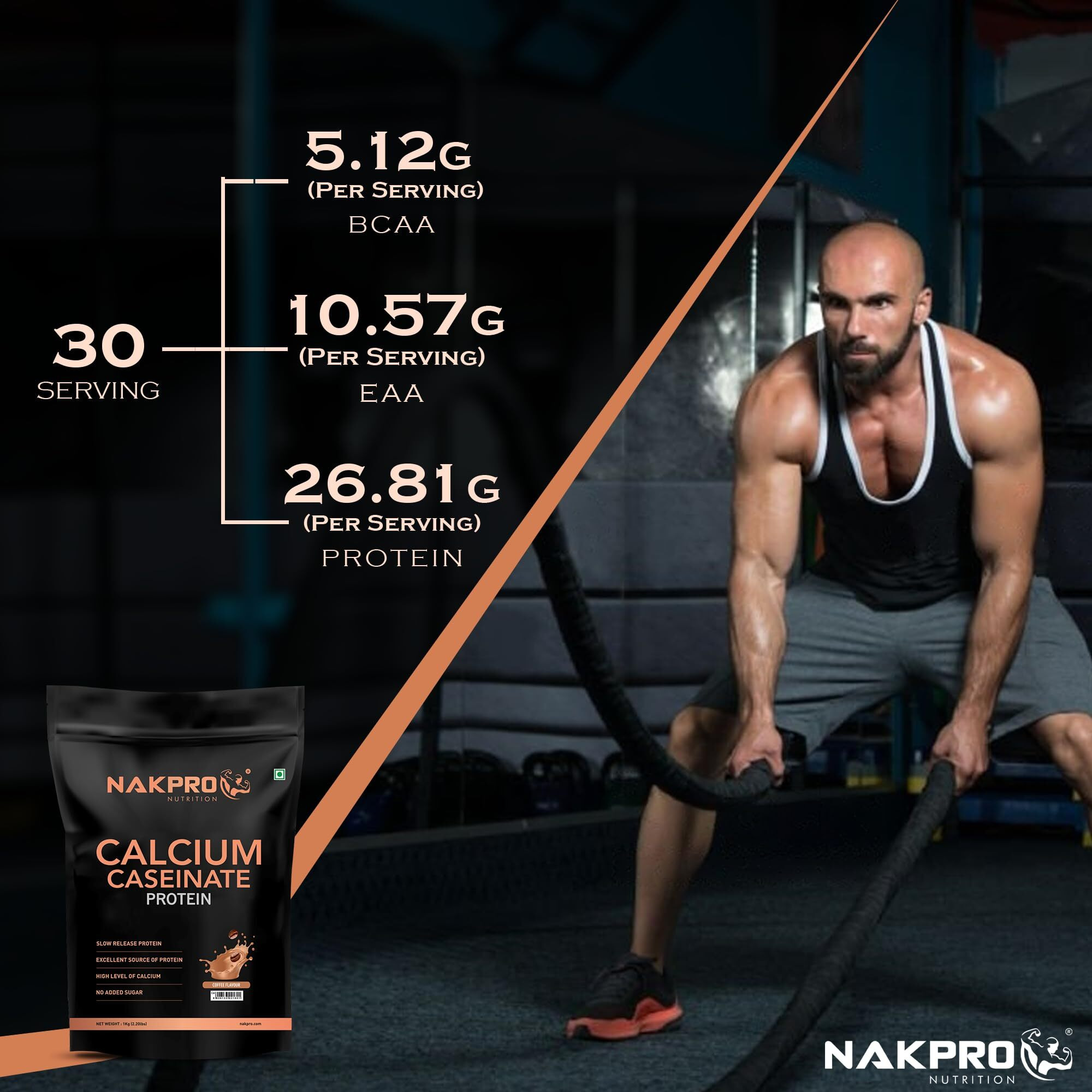 Nakpro Calcium Caseinate | 26.81G Protein, 5.12G Bcaa | Helps In Muscle Recovery | Slow Absorbing, Slow Digesting, Low Carbs Casein Protein Powder (2 Kg, Coffee)