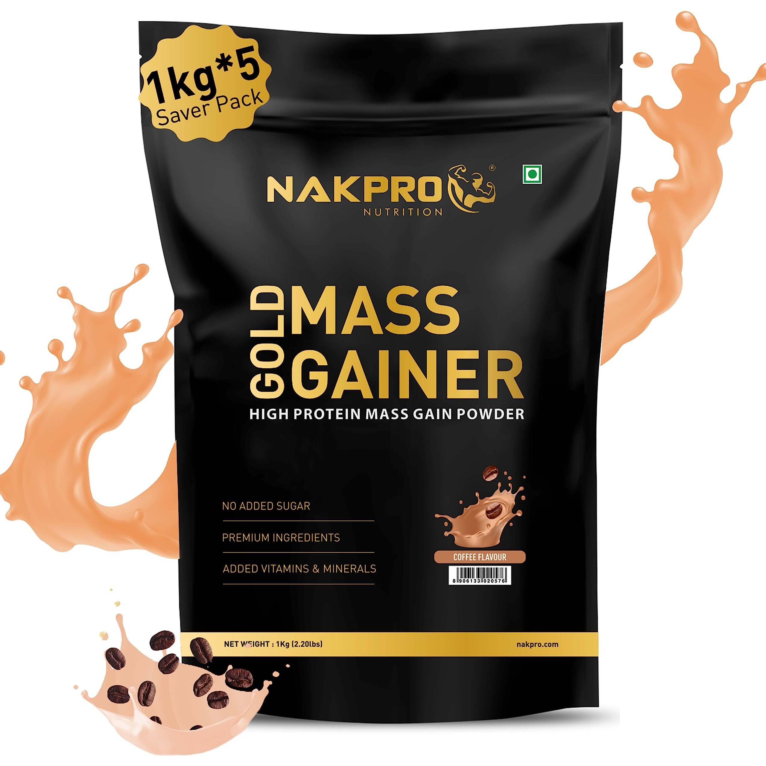 Nakpro Gold Mass Gainer Powder 5Kg, Coffee| Lean Muscle Whey Protein Mass Gainer | 21G Protein, 68G Carb, 372 Calories Per Scoop For Muscle Support & Muscle Mass Gain