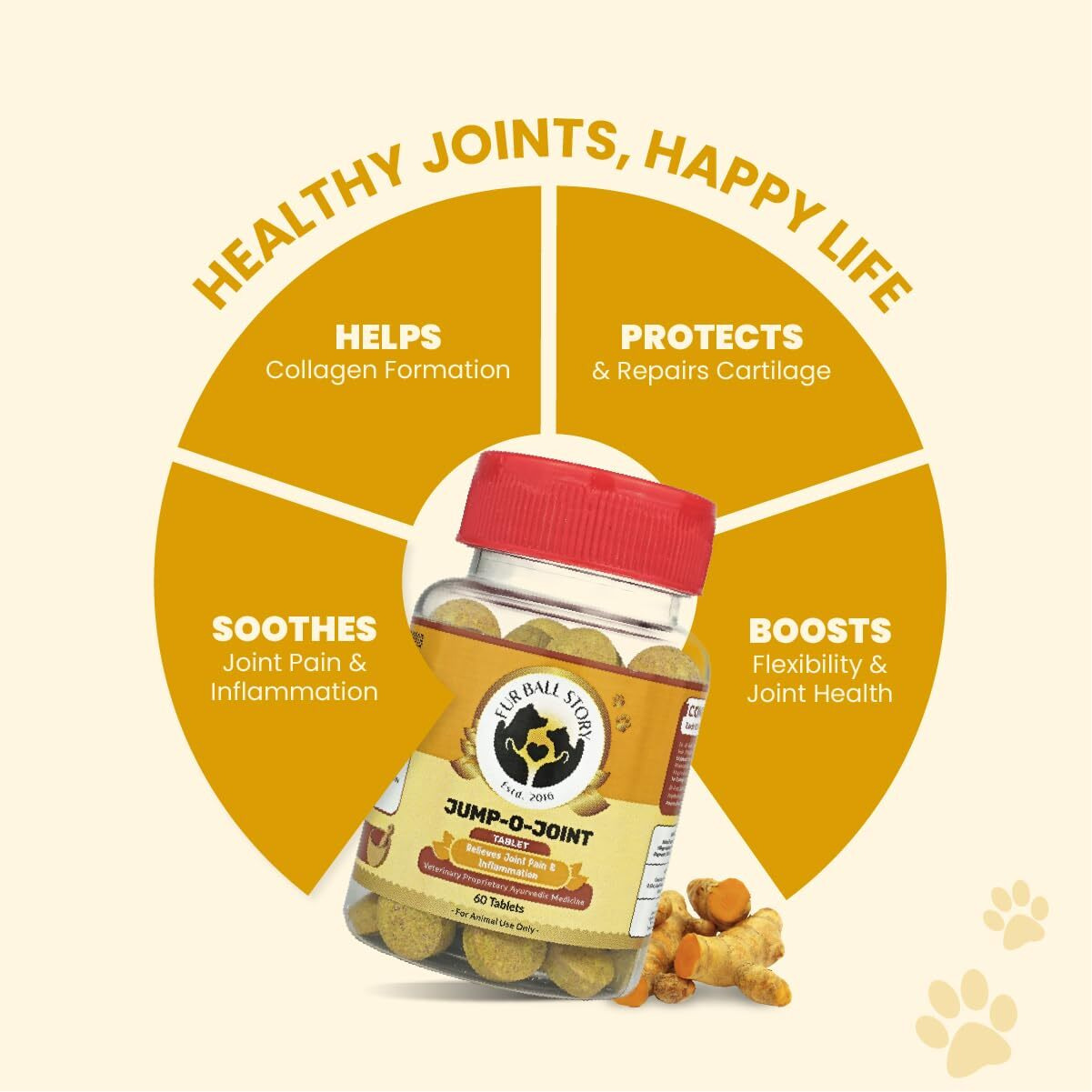 Fur Ball Story Jump-O-Joint Pain Relief Supplements For Dogs & Cats | Pet Medicines For Dogs, Anti-Inflammation, Vegan, Ayurvedic, Vet-Recommended - 60 Tablets