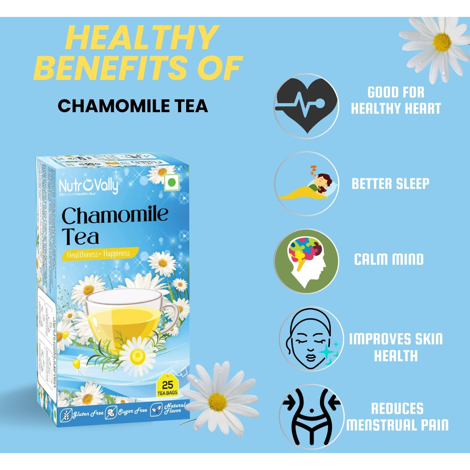 Nutrovally Chamomile Tea | Improve Sleep Cycle & Refreshing Pure Flowery Loose Leaves (25 Teabags)