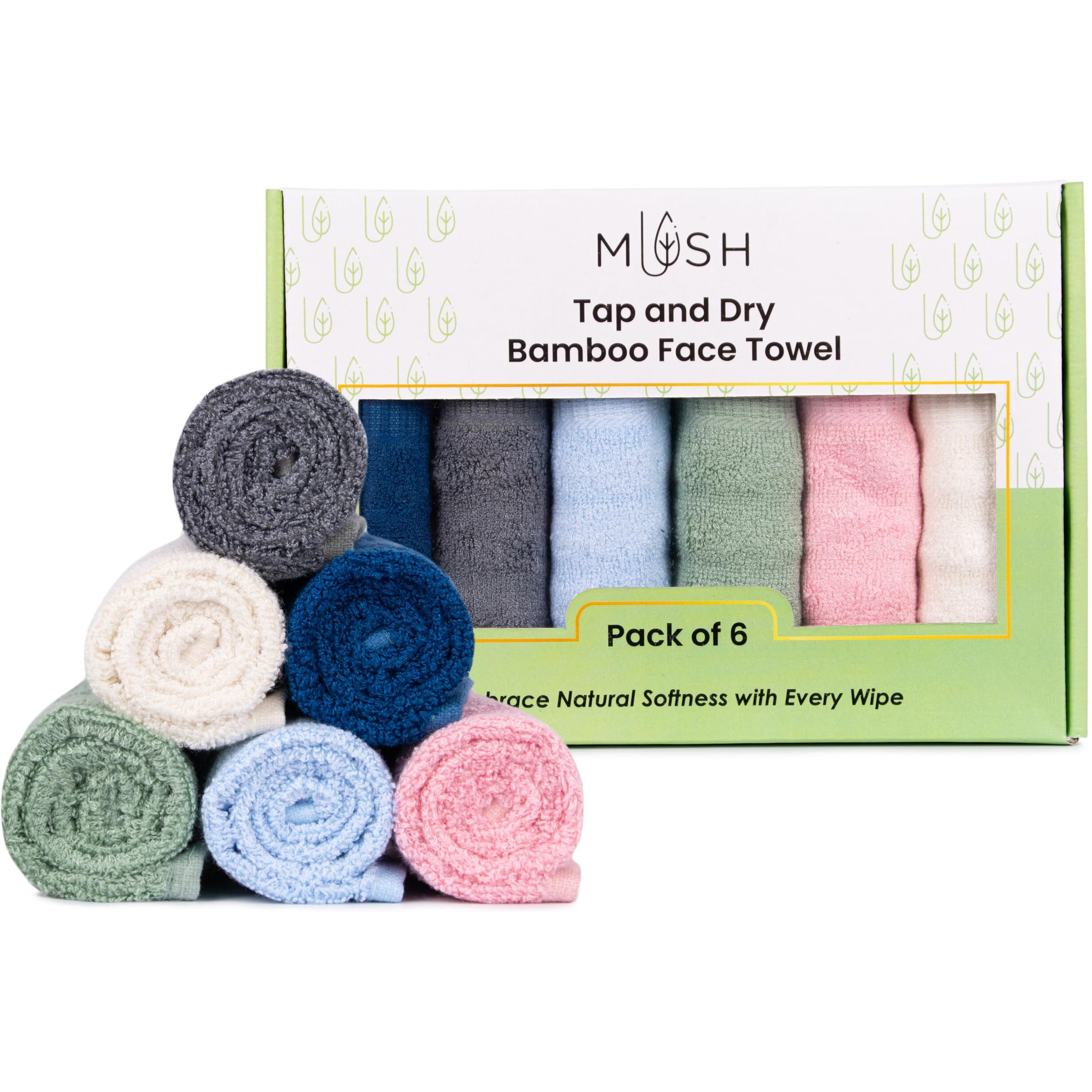 Mush 100% Bamboo Tap & Dry Face Towel | Ultra Soft, Absorbent, Quick Dry Towels For Facewash, Sports, Travel | Suitable For Sensitive & Acne Prone Skin | 13X13 In | Gift Friendly Packaging | Set Of 6