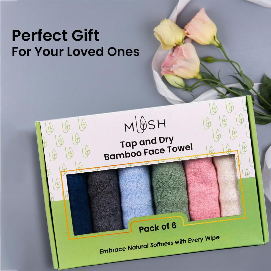 Mush 100% Bamboo Tap & Dry Face Towel | Ultra Soft, Absorbent, Quick Dry Towels For Facewash, Sports, Travel | Suitable For Sensitive & Acne Prone Skin | 13X13 In | Gift Friendly Packaging | Set Of 6