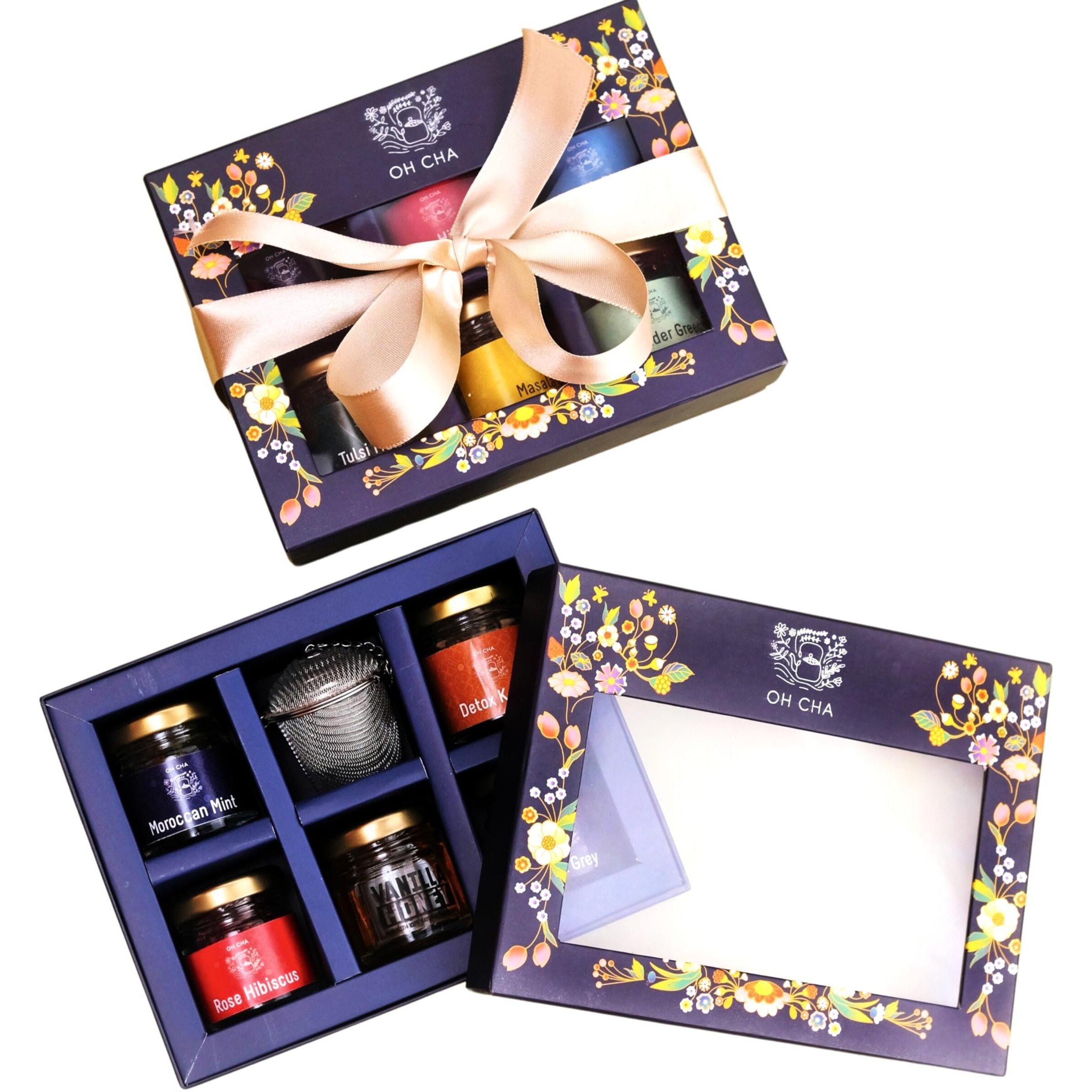 Oh Cha - Tea Gift Box | Assorted Tea Gift Set With Tea Infuser & Honey | 4 Tea Flavors, Black Tea, Herbal Tea, Green Tea Loose Leaves | Gift For Everyone | Birthday Gift, Anniversary Gift, Wedding Gift