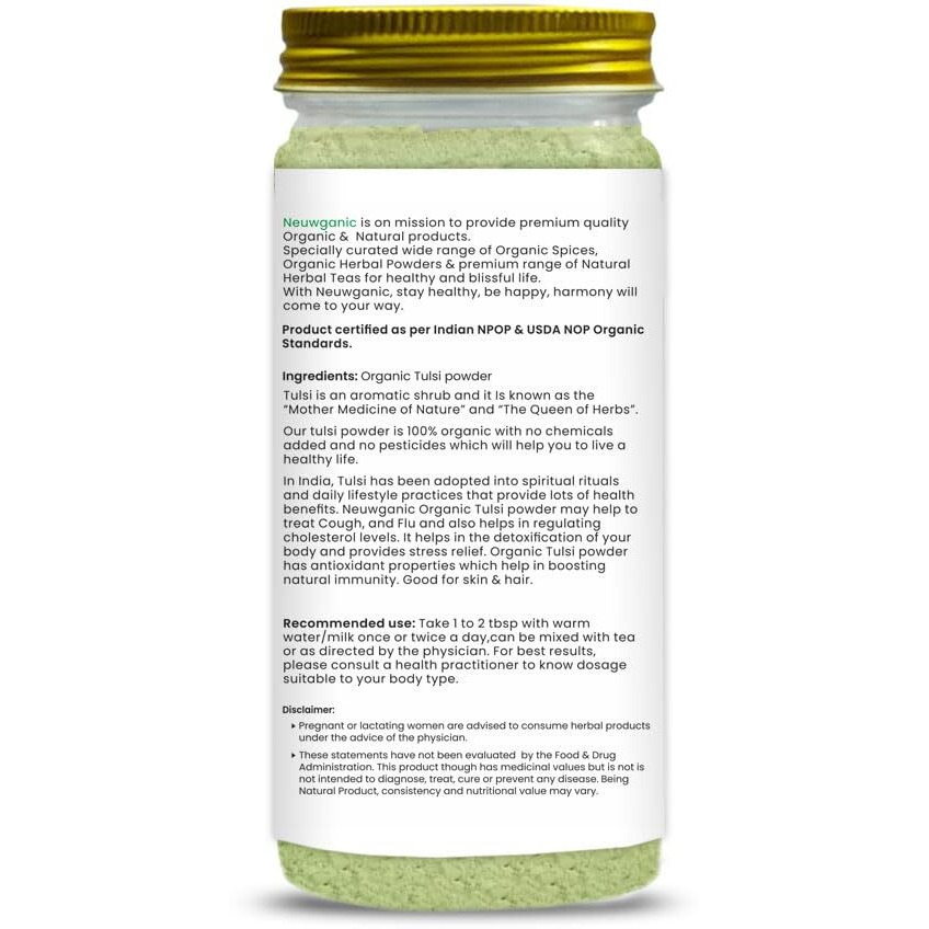 Neuwganic - Organic Tulsi Powder - Holy Basil Powder - India Organic And Usda Organic Certified - Ideal For Making Kadha, Tea & Chutney - 200 Gm Pack Of 1
