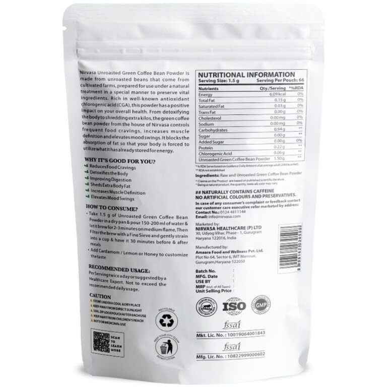 Nirvasa Unroasted Arabica Green Coffee Bean Extract Powder With Chlorogenic Acid For Men & Women | Body Detoxification & Weight Management | 100G Pack Of 1