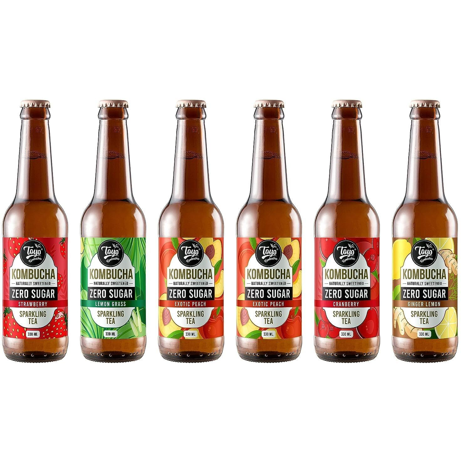 Toyo Kombucha - Sparkling Fermented Probiotic Liquid Tea Trial Pack Zero Sugar|330 Milliliter (Pack Of 6)|Vegan,Gluten-Free|Includes Exotic Peach,Lemongrass,Ginger Lemon,Cranberry,Strawberry