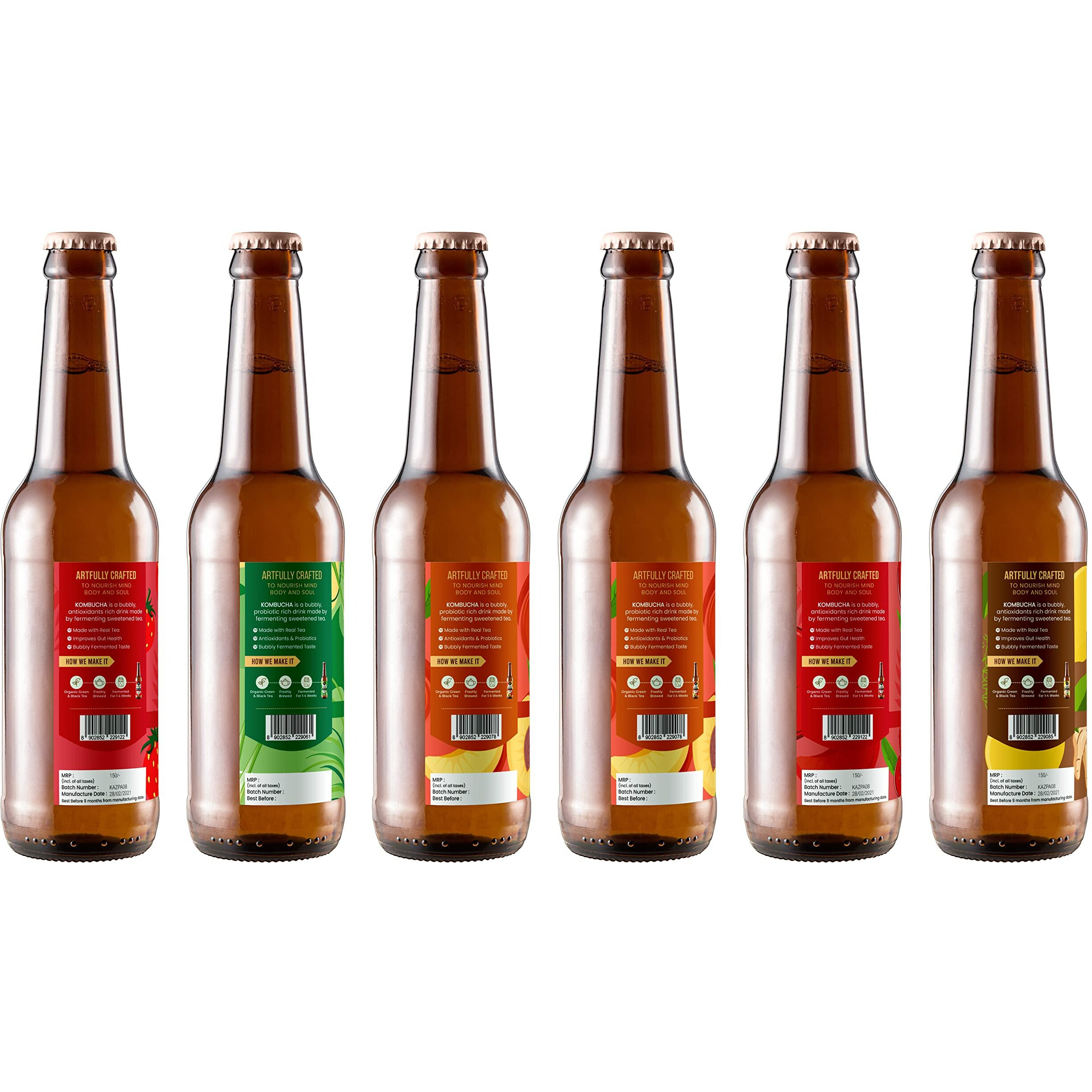 Toyo Kombucha - Sparkling Fermented Probiotic Liquid Tea Trial Pack Zero Sugar|330 Milliliter (Pack Of 6)|Vegan,Gluten-Free|Includes Exotic Peach,Lemongrass,Ginger Lemon,Cranberry,Strawberry