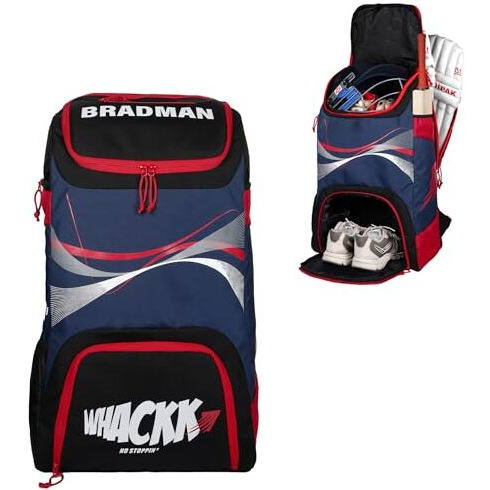 Whackk Bradman Cricket Kitbag |Player Edition 2 Bat Pocket Shoe Pocket |Big Main Comp Fit 14.75 Inch Leg Pad |Bottle Holders |Easy Access Pocket (Red Navy)