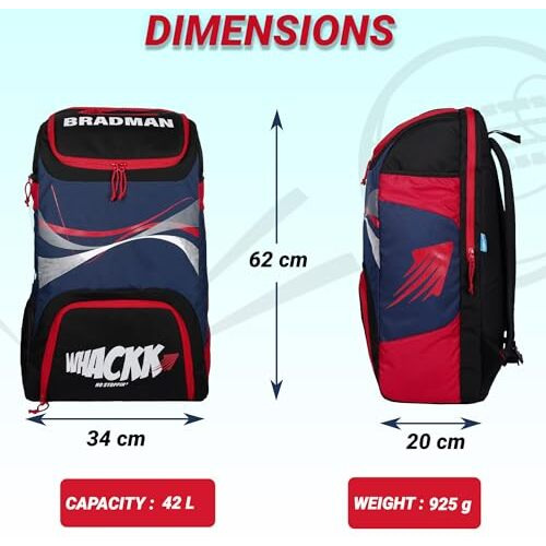 Whackk Bradman Cricket Kitbag |Player Edition 2 Bat Pocket Shoe Pocket |Big Main Comp Fit 14.75 Inch Leg Pad |Bottle Holders |Easy Access Pocket (Red Navy)