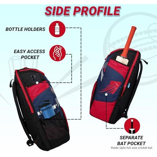 Whackk Bradman Cricket Kitbag |Player Edition 2 Bat Pocket Shoe Pocket |Big Main Comp Fit 14.75 Inch Leg Pad |Bottle Holders |Easy Access Pocket (Red Navy)