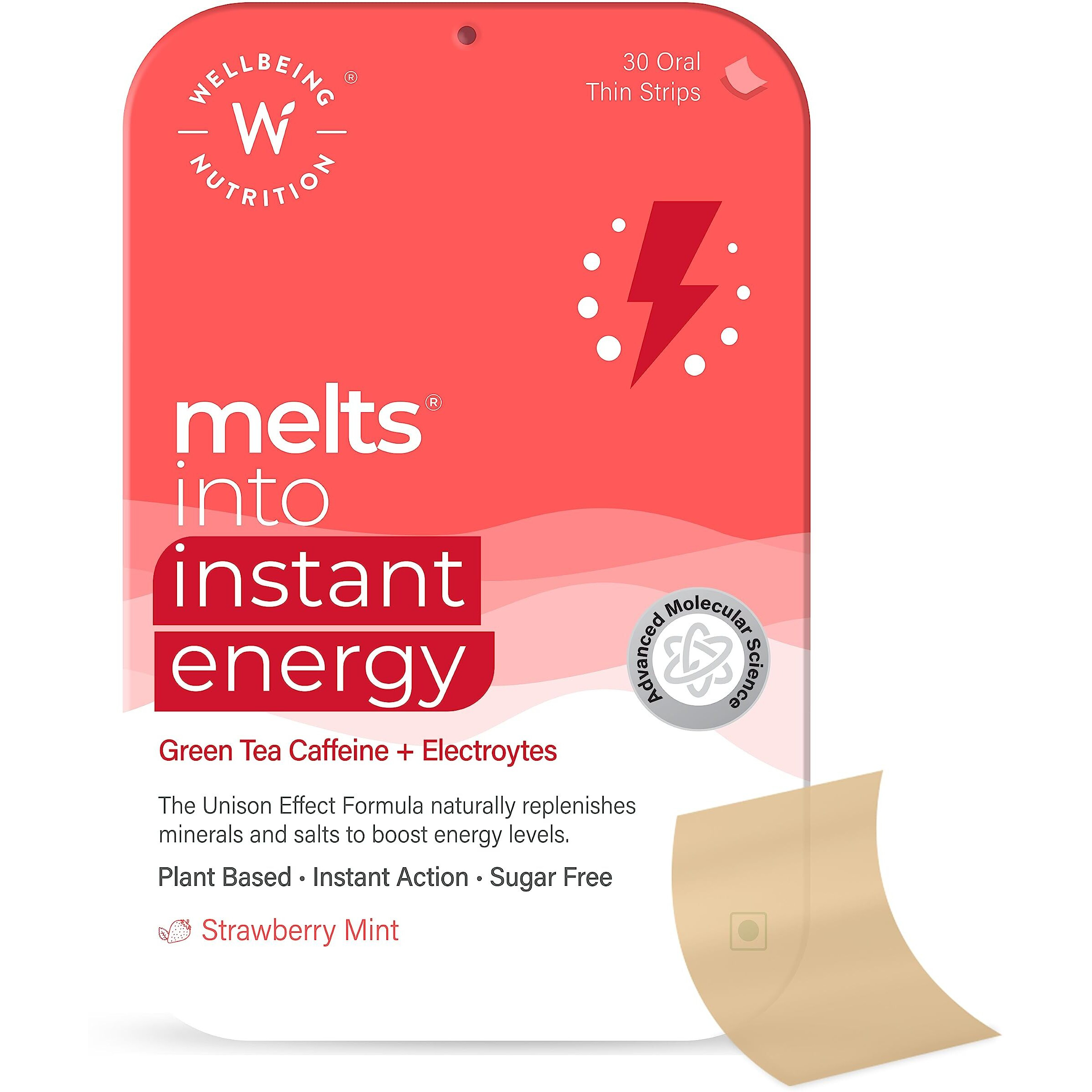 Wellbeing Nutrition Melts Instant Energy, 100% Plant Based Green Tea Caffeine, Essential Electrolytes And Vitamins For Endurance, Sports Hydration, Pre Workout Energy Boost - 30 Oral Strips