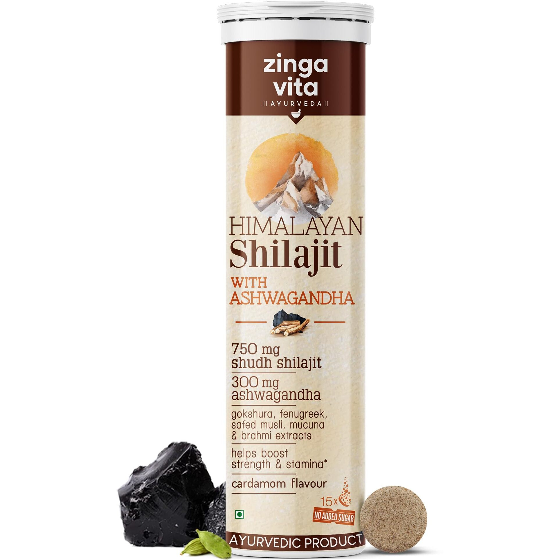 Zingavita Himalayan Shilajit For Men Pure Original Shilajit/Shilajeet (750 Mg) With Ashwagandha Effervescent Tablets For Stamina & Performance Cardamom Flavour | 100% Ayurvedic | Pack Of 1