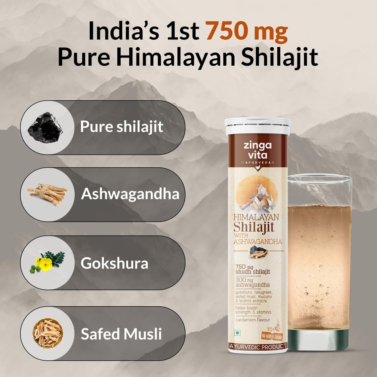 Zingavita Himalayan Shilajit For Men Pure Original Shilajit/Shilajeet (750 Mg) With Ashwagandha Effervescent Tablets For Stamina & Performance Cardamom Flavour | 100% Ayurvedic | Pack Of 1