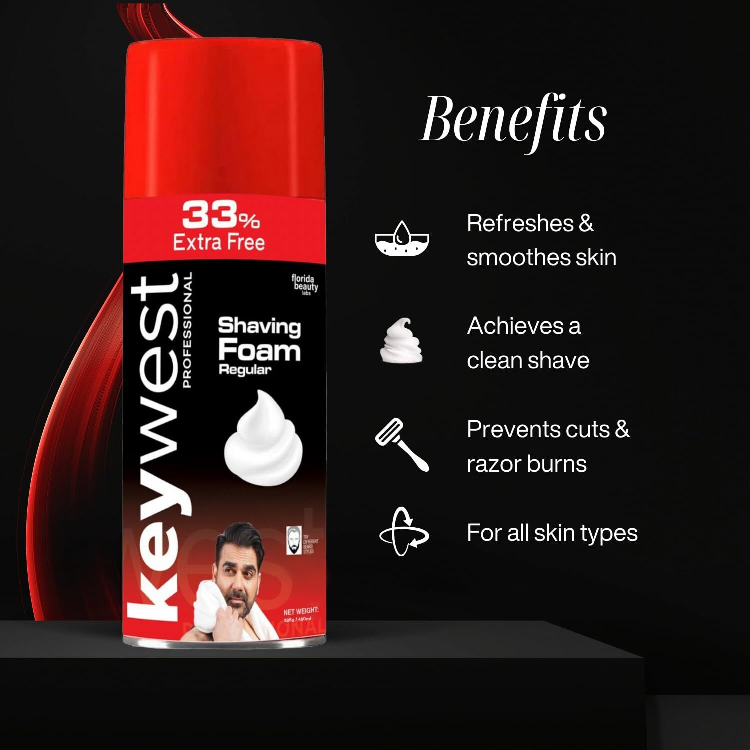 Keywest Professional Regular Pre Shaving Foam For Men, 385Gm (33% Extra Free) | Shave Foam For Men All Skin Types | More Than 100 Shaves | Enriched With Tea Tree Oil, Vitamin E & Aloe Vera