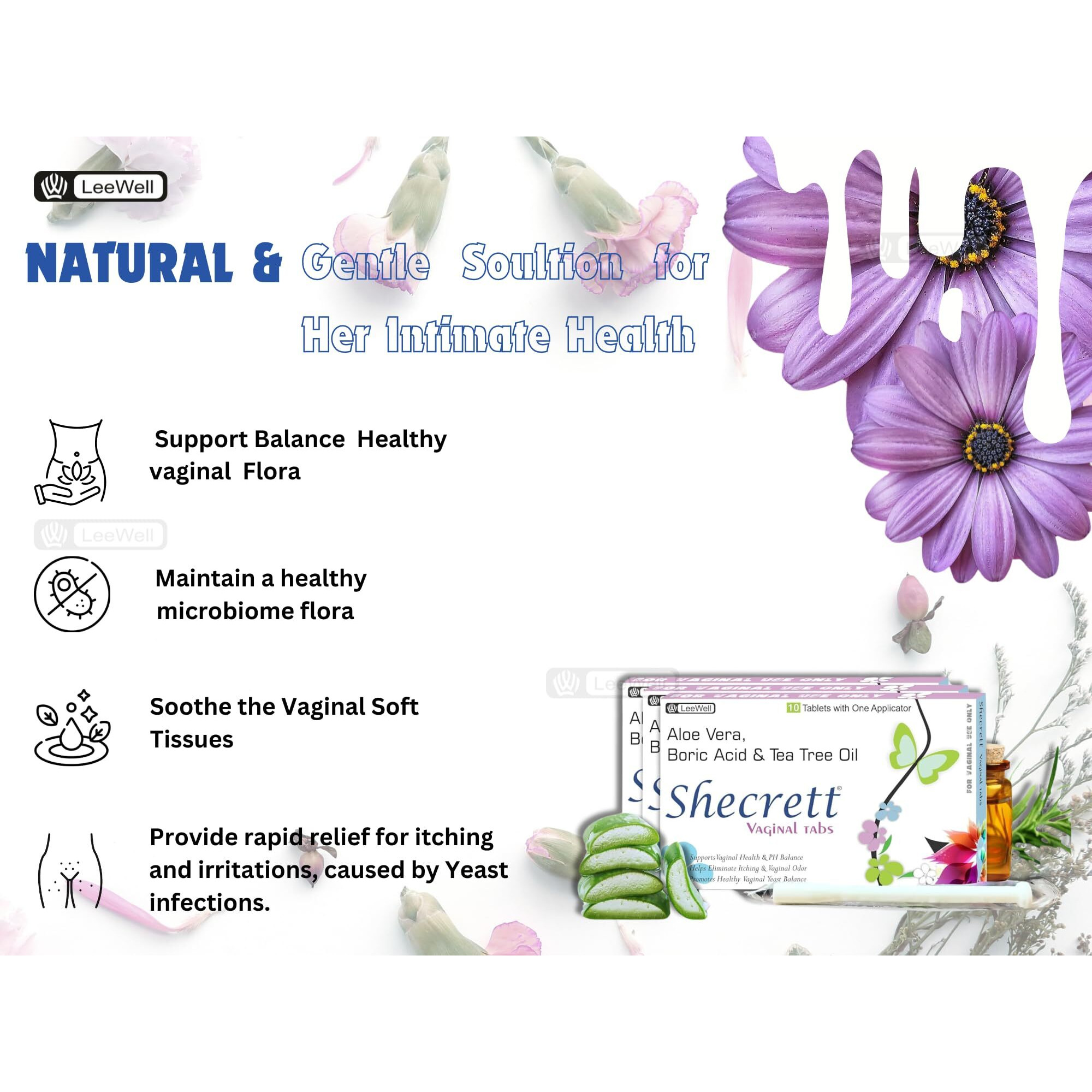 Shecrett Vaginal Boric Acid Suppositories Women, Reduces Itching, Yeast Infection, Burning, Natural Vaginal Probiotics, Ayurvedic White Discharge Aid, Intimate Wash - 30 Tablets+3 Applicators