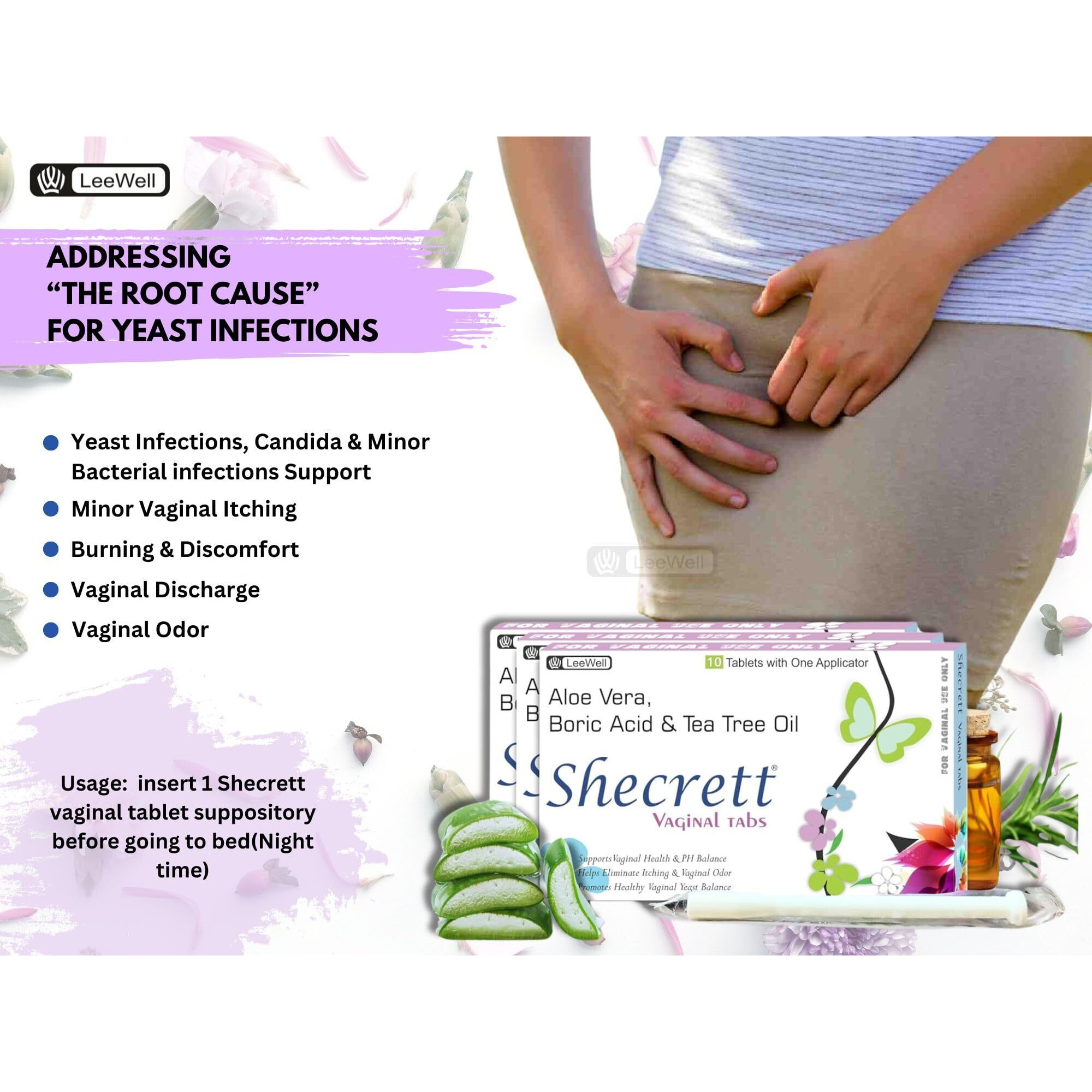 Shecrett Vaginal Boric Acid Suppositories Women, Reduces Itching, Yeast Infection, Burning, Natural Vaginal Probiotics, Ayurvedic White Discharge Aid, Intimate Wash - 30 Tablets+3 Applicators