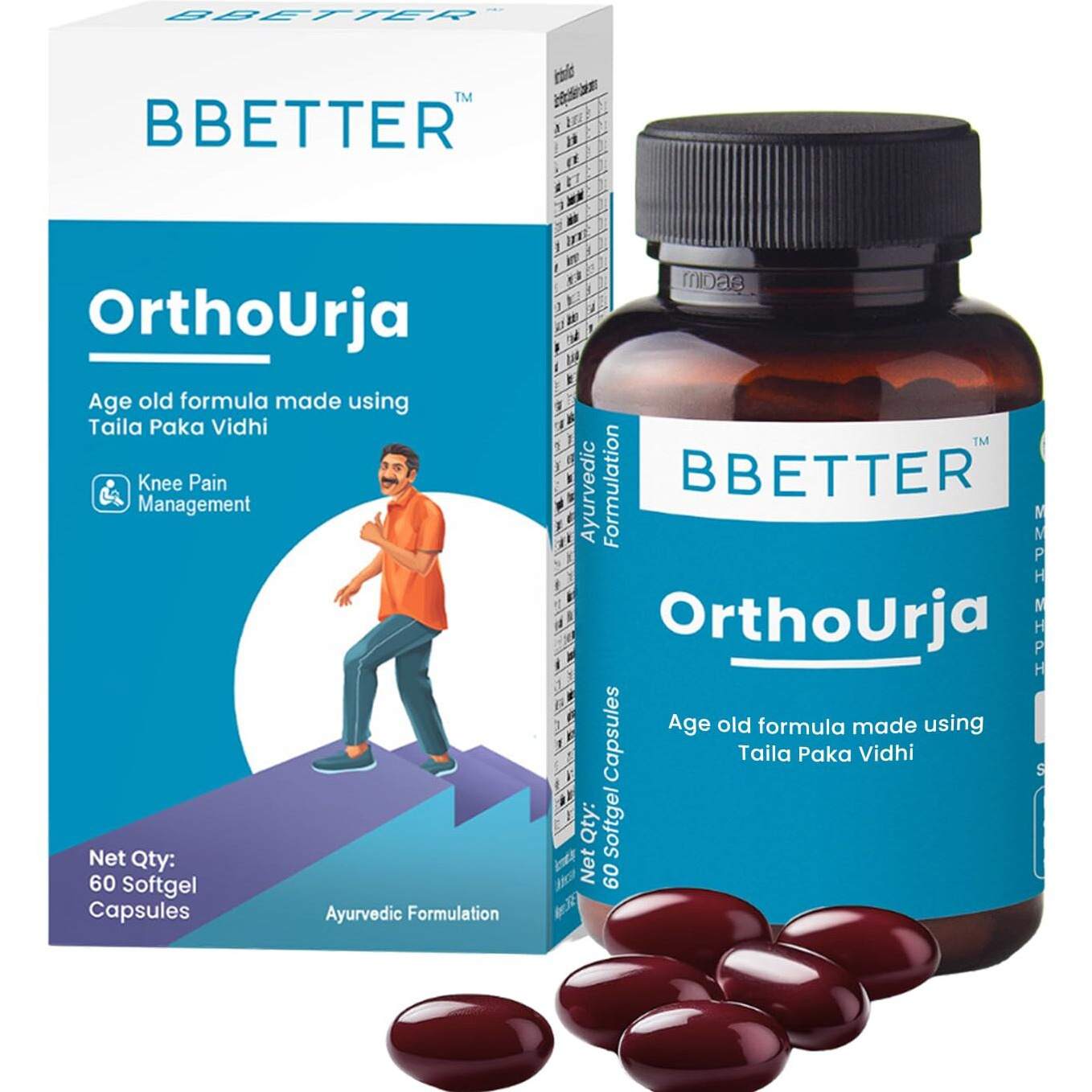 Bbetter Orthourja -Lab Tested Ayurvedic Medicine For Knee Pain, Joint Pain & Arthiritis Relief | Made By Taila Paka Vidhi Method | 60 Softgels