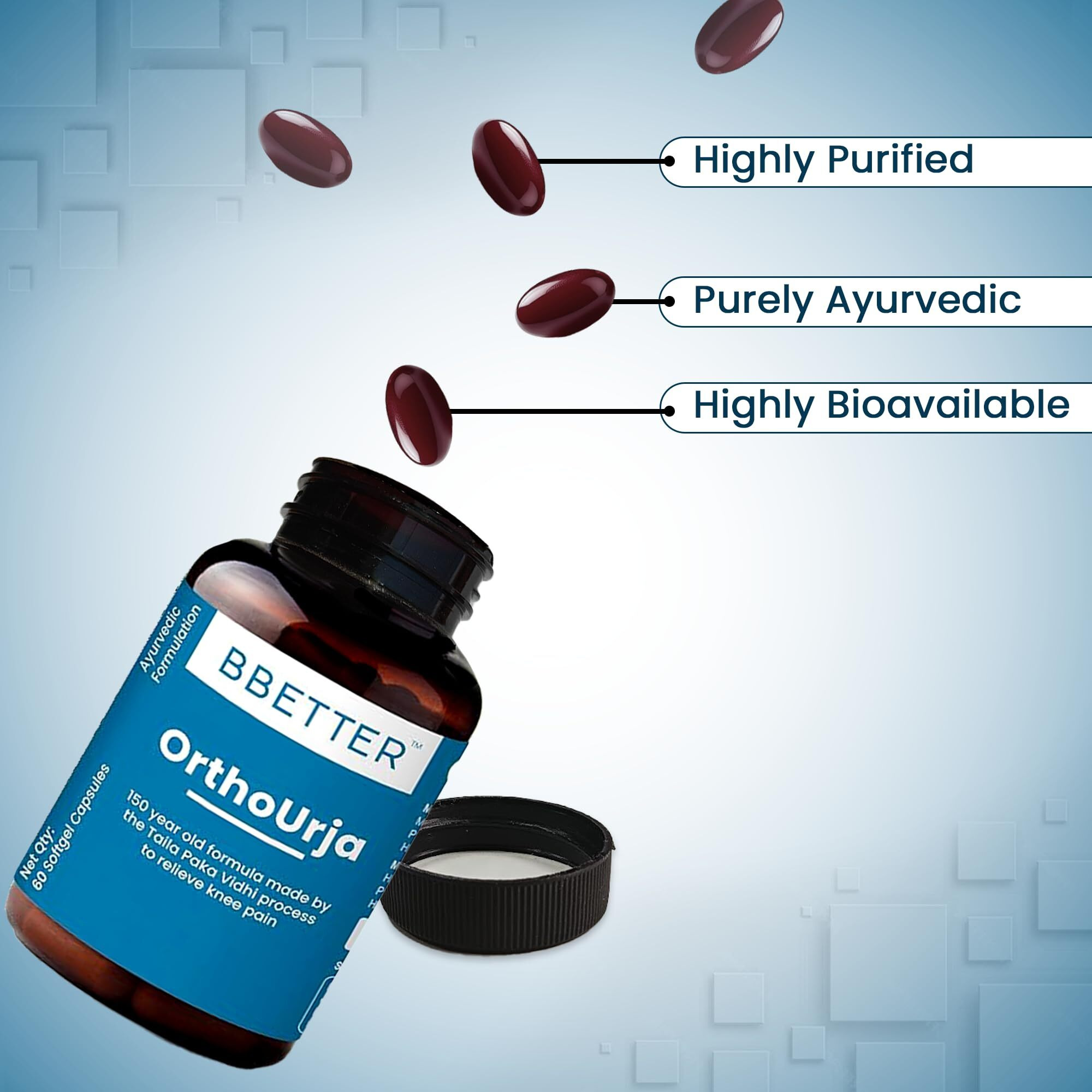 Bbetter Orthourja -Lab Tested Ayurvedic Medicine For Knee Pain, Joint Pain & Arthiritis Relief | Made By Taila Paka Vidhi Method | 60 Softgels