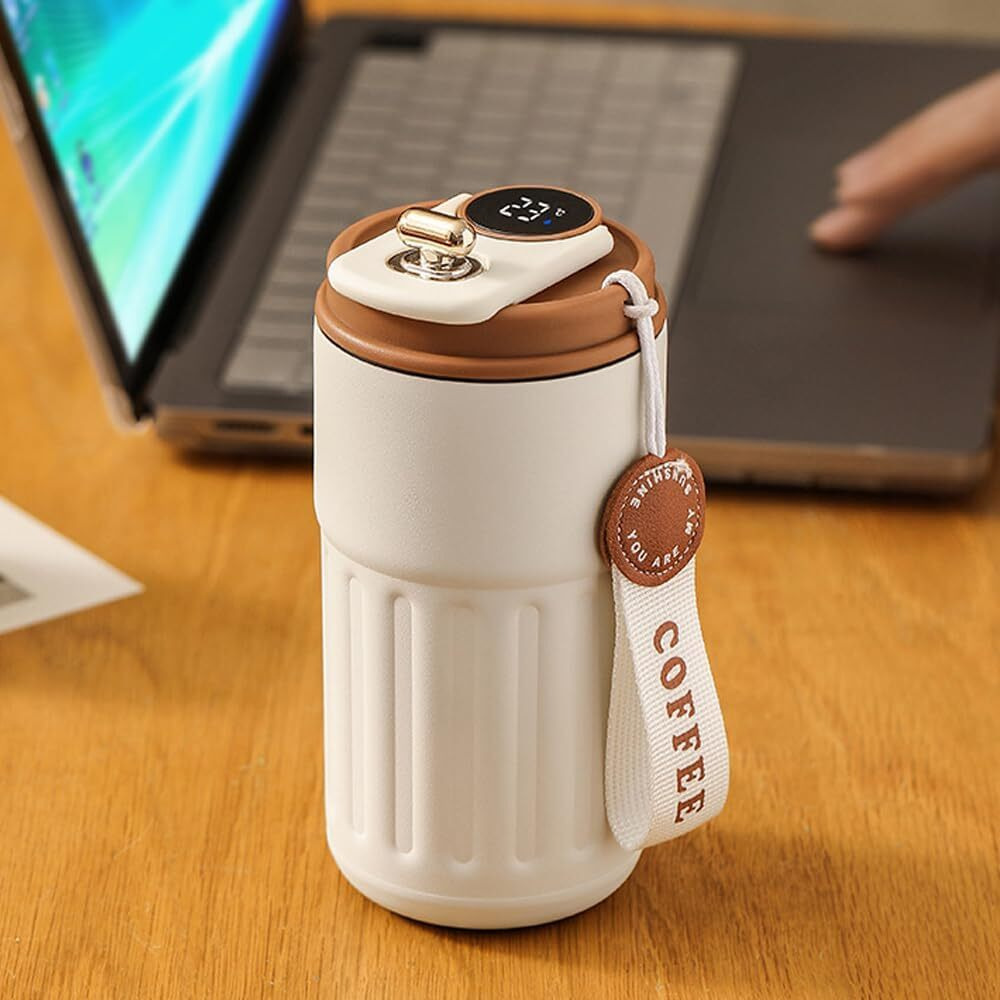 Jugte Coffee Mug Cup Digital Display, Thermos Flasks, 460 Ml, 316 Stainless Steel Travel Mug, Insulated Vacuum Thermal Mug, Leak-Proof Travel Mug With Lid For Coffee (White Brown)