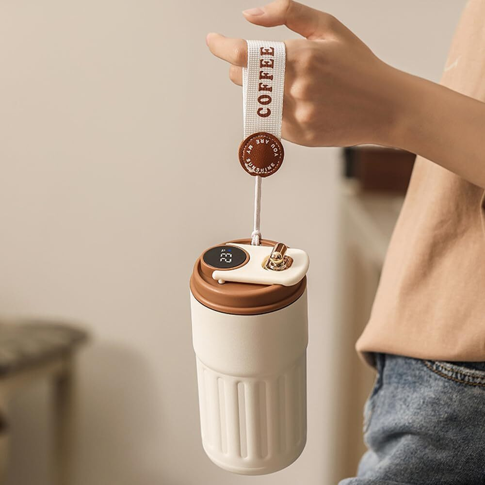 Jugte Coffee Mug Cup Digital Display, Thermos Flasks, 460 Ml, 316 Stainless Steel Travel Mug, Insulated Vacuum Thermal Mug, Leak-Proof Travel Mug With Lid For Coffee (White Brown)