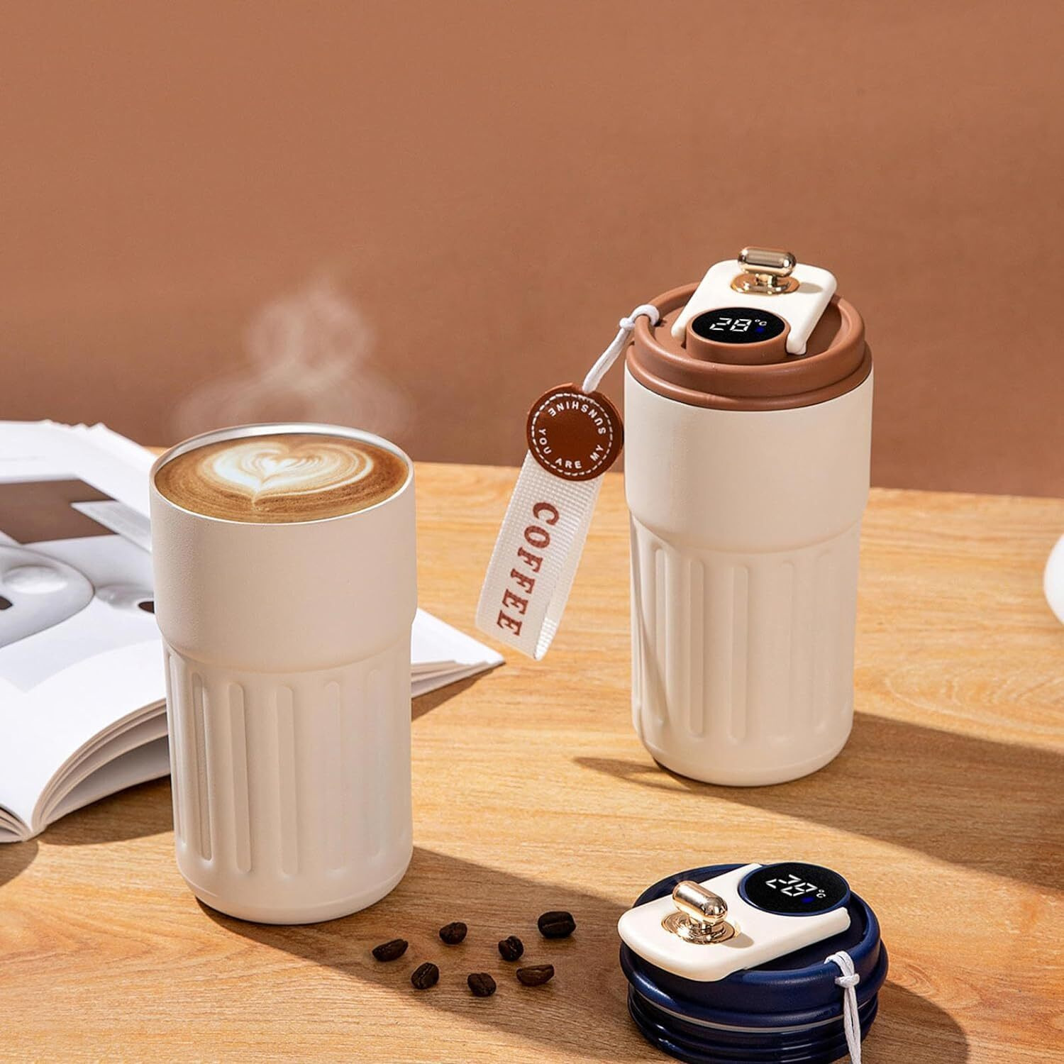 Jugte Coffee Mug Cup Digital Display, Thermos Flasks, 460 Ml, 316 Stainless Steel Travel Mug, Insulated Vacuum Thermal Mug, Leak-Proof Travel Mug With Lid For Coffee (White Brown)