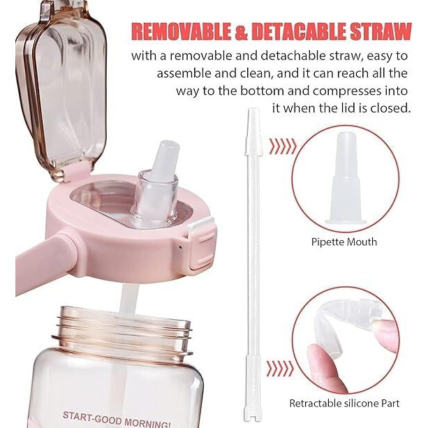 Kripara Sales Plastic 2 L Capacity Belt Straw Transparent Motivational Water Bottles With Time Marker Leak Proof & Break-Proof For School/College/Gym/Travel Bottle|Bpa-Free Fitness Sports Bottle