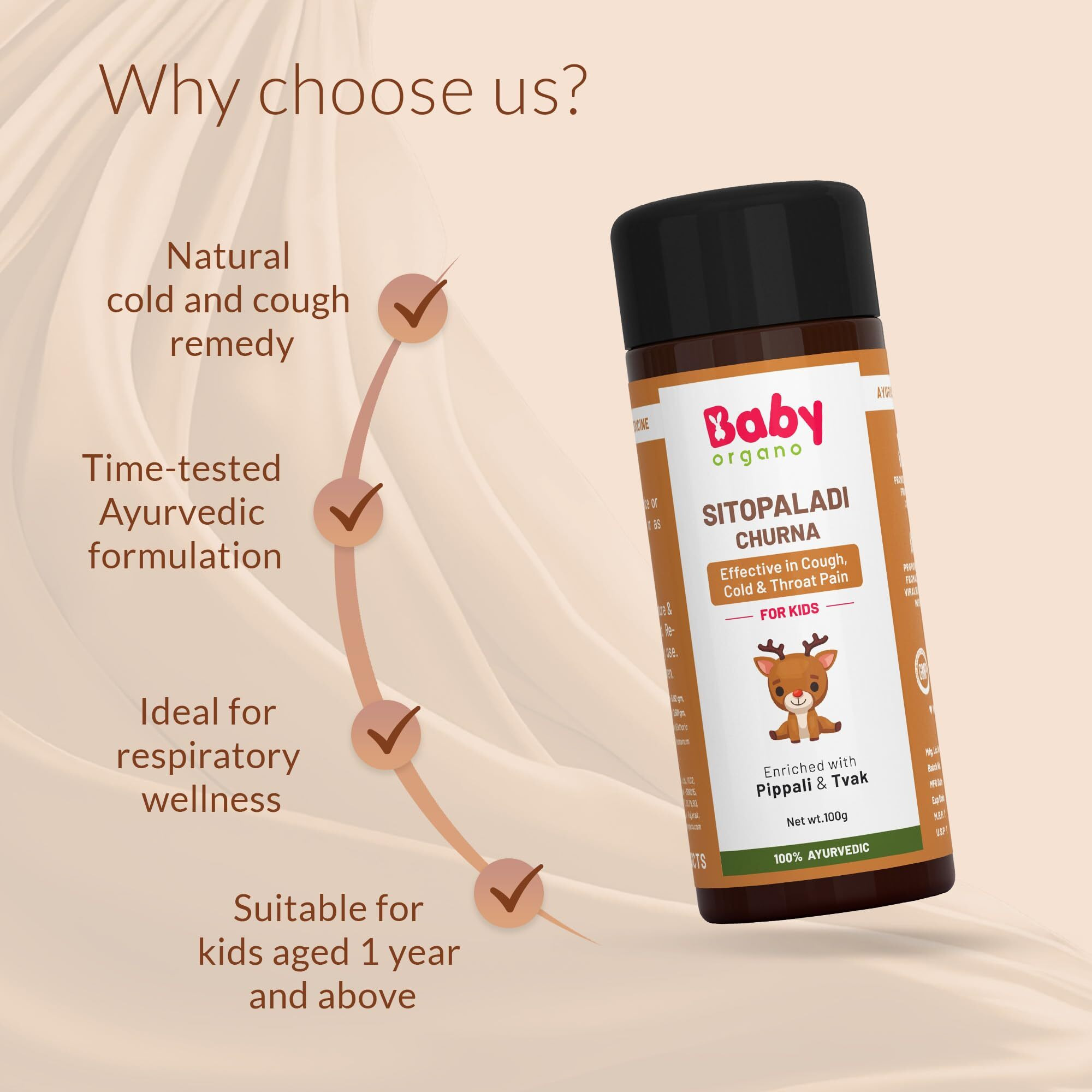 Babyorgano Sitopaladi Churna Or Churan (1-15 Years) - Ayurvedic Classical Remedy For Cough Cold, Sore Throat & Digestive Wellness For Kids - 100Gm