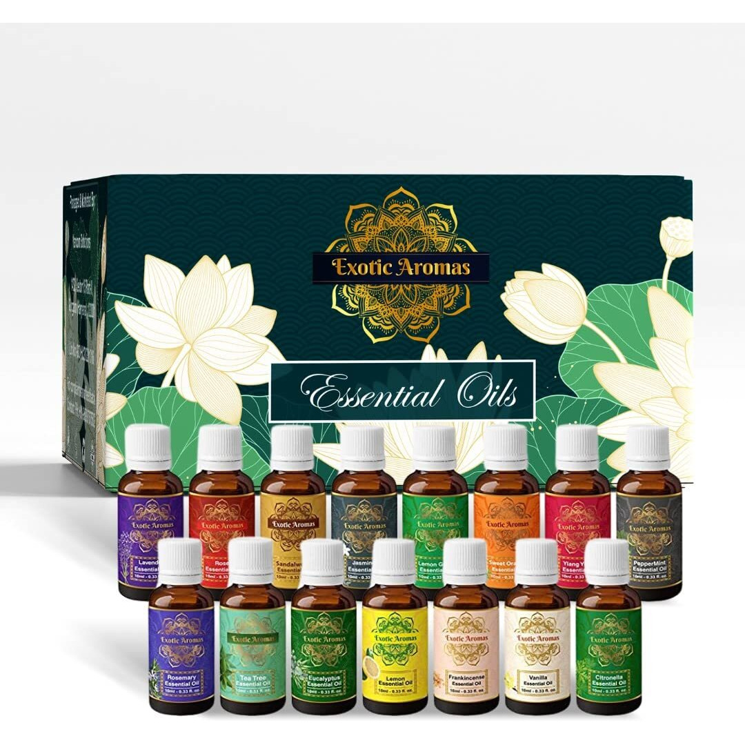 Exotic Aromas Essential Oil Pack Of 15 Lavender Rose Sandalwood Jasmine Orange Rosemary Lemongrass Ylang Ylang Tea Tree Peppermint Eucalyptus Lemon Frankincense Vanilla Citronella