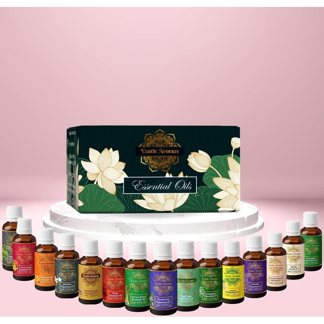 Exotic Aromas Essential Oil Pack Of 15 Lavender Rose Sandalwood Jasmine Orange Rosemary Lemongrass Ylang Ylang Tea Tree Peppermint Eucalyptus Lemon Frankincense Vanilla Citronella