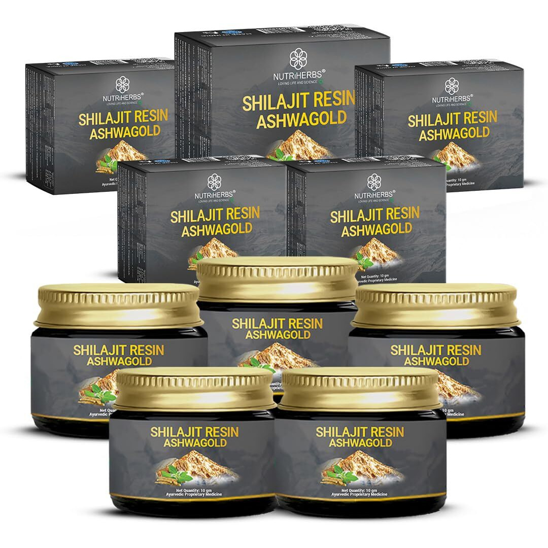 Nutri Herbs Shilajit Resin Ashwagold 10 G Pure Himalayan Shilajit|Stamina,Energy & Muscle Building Supplement|Ayurvedic Stamina Booster With Ashwagandha & Swarna Bhasma,5 Count,10 Grams