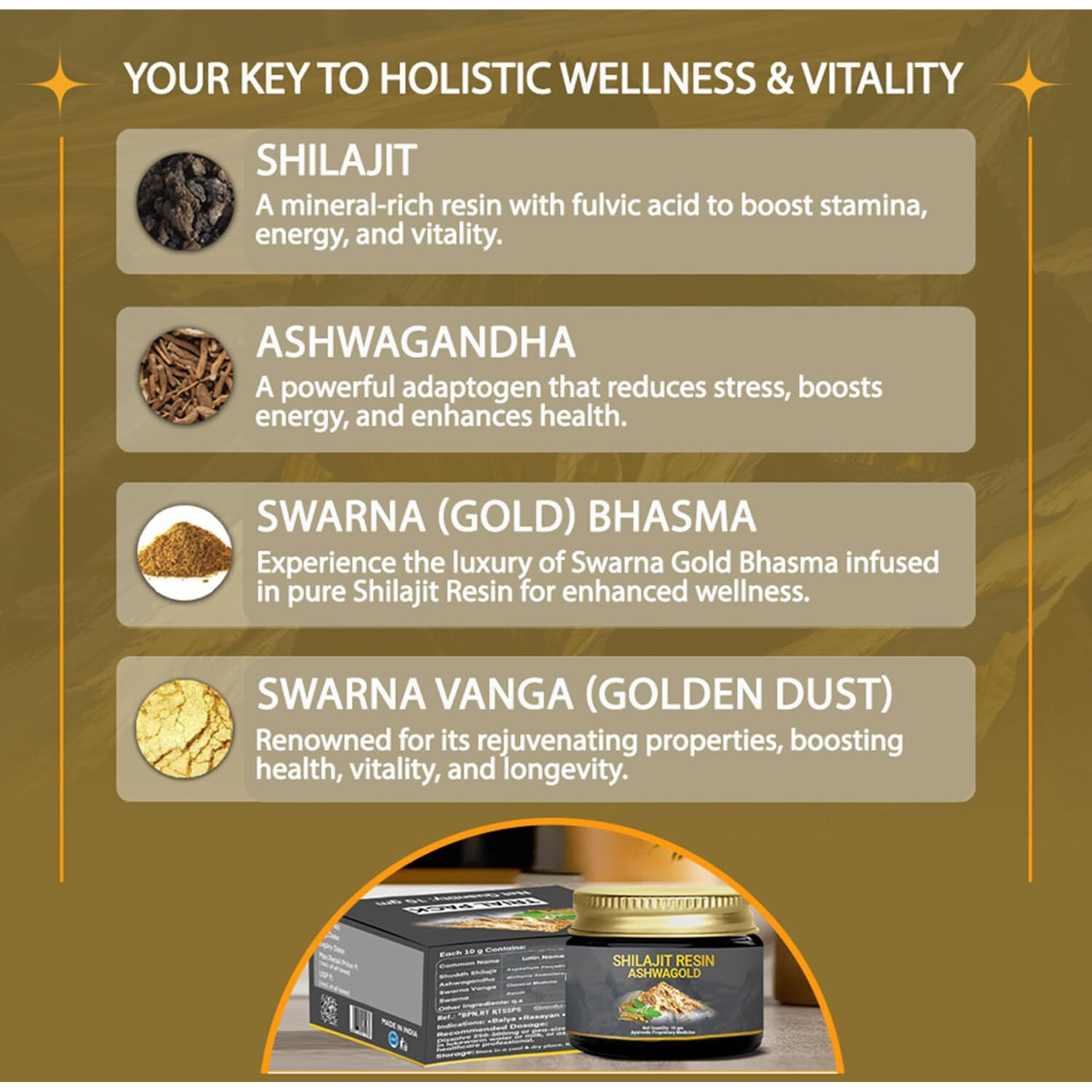 Nutri Herbs Shilajit Resin Ashwagold 10 G Pure Himalayan Shilajit|Stamina,Energy & Muscle Building Supplement|Ayurvedic Stamina Booster With Ashwagandha & Swarna Bhasma,5 Count,10 Grams