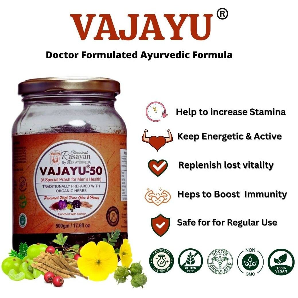 Deep Ayurveda Vajayu 50 Prash | Ayurvedic Superfood With 30+ Herbs For MenS Wellness | Boosts Testostrone Level, Energy, Strength, Stamina & Vitality | 500G Pack