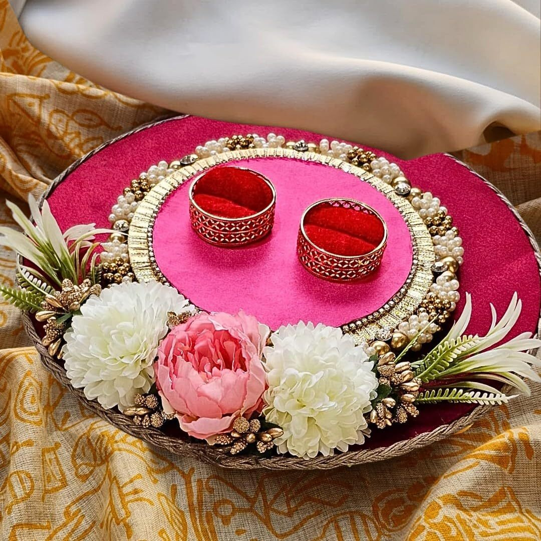 Satyam Kraft 1 Pc Handcrafted Engagement Ring Holder Platter  Round Decorative Thali For Wedding, Valentine, Proposal, Anniversary, Functions, And Gifts (Multicolor)