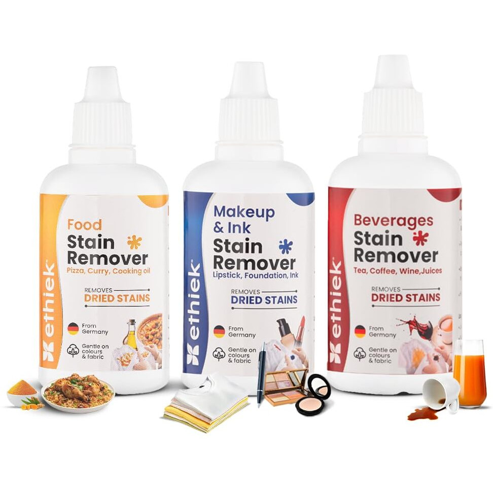 Ethiek | Stain Removal Specialist Kit | Works On Chutney, Haldi, Chocolate, Curry, Ball Pen, Ink, Foundation, Lipstick, Coffee, Tea, Wine, Juice Stains, Set Of 3 Bottles (Combo (50 Ml X 3))
