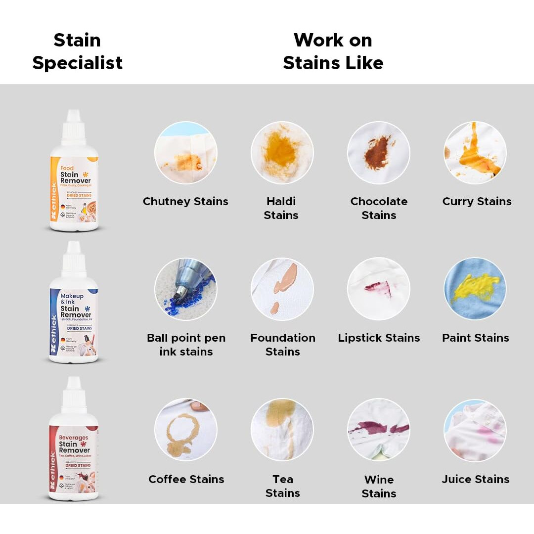 Ethiek | Stain Removal Specialist Kit | Works On Chutney, Haldi, Chocolate, Curry, Ball Pen, Ink, Foundation, Lipstick, Coffee, Tea, Wine, Juice Stains, Set Of 3 Bottles (Combo (50 Ml X 3))