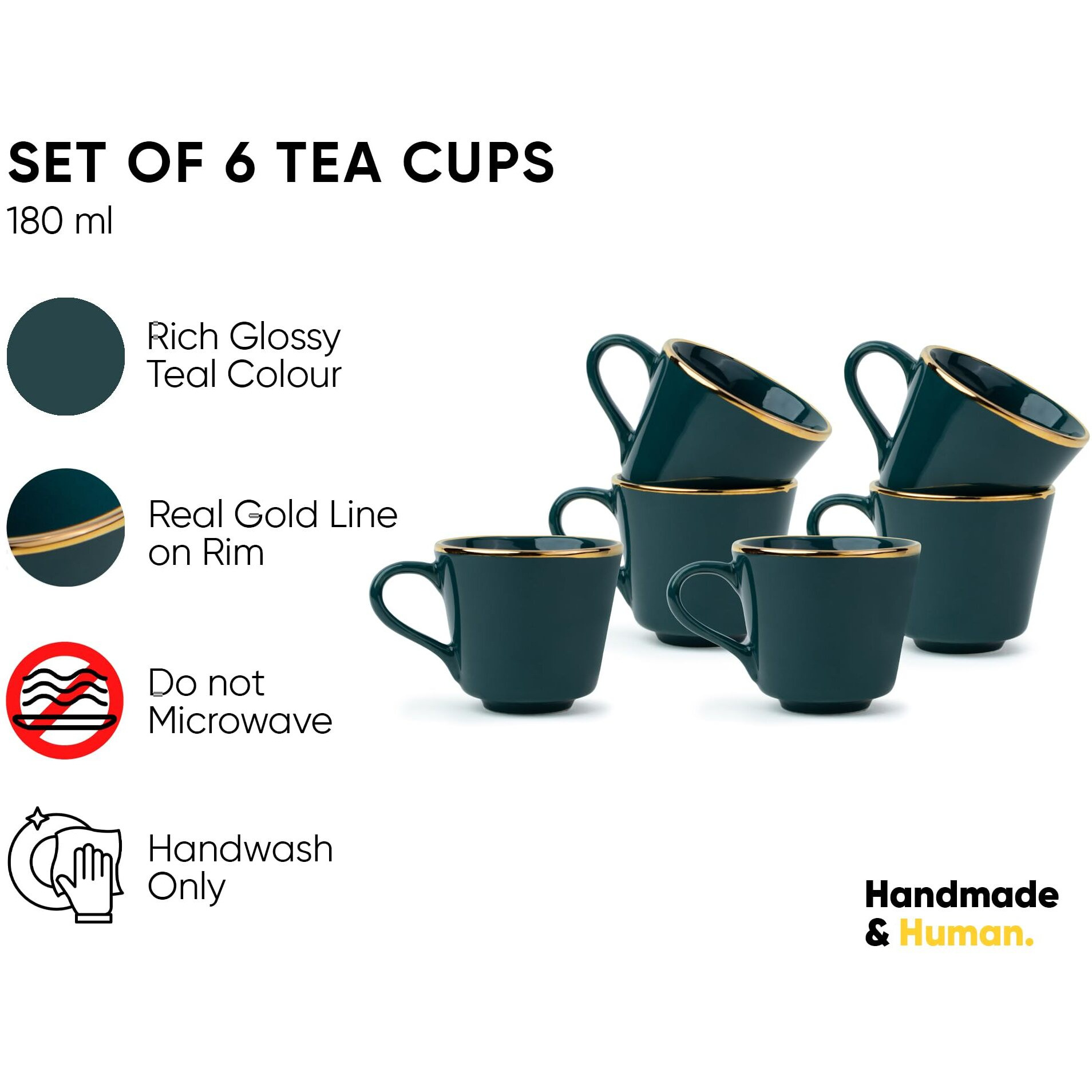 Shay Ceramic Tea Cup Set, Set Of 6, Teal Green With Real Gold Line, 180Ml | Cup Set Of 6 For Tea | Glossy Finish | Premium Ceramic | Real Gold Line | Tea Cup Set Of 6 (Tea Cups - Teal Gold Line)