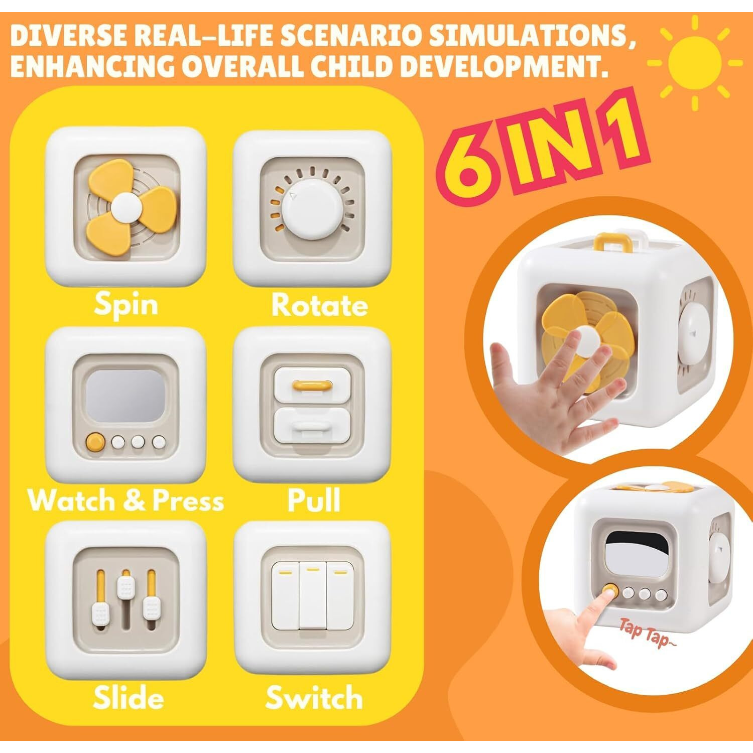 Brand Conquer Montessori Busy Cube For Toddlers 1-3,Car Travel Toys Busy Board Activity Cube,Learning Stocking Stuffers Educational Birthday Gifts Sensory Baby 12-18 Months (Fan Learning 6 In 1 Cube)