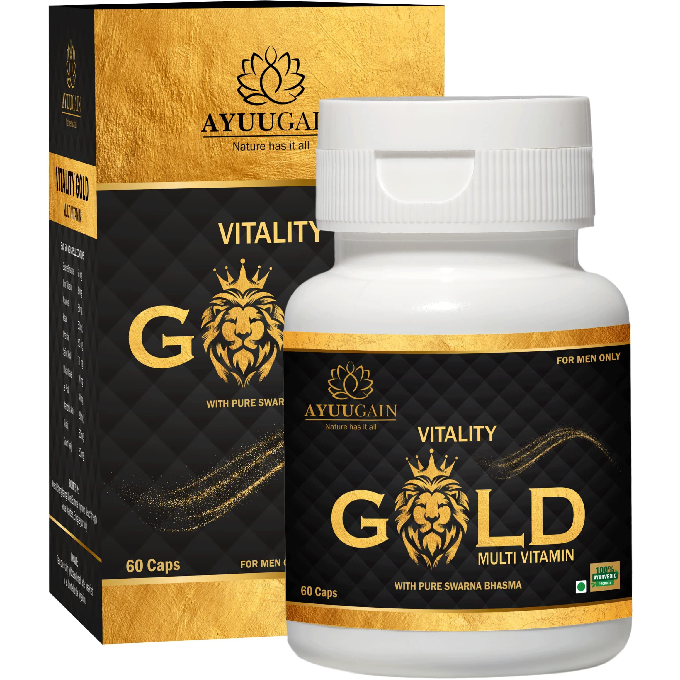 Ayuugain Vitality Gold Capsule For Men With Swarna Bhasma, Shilajeet, Safed Musli, Akarkara, Makardhwaj, Jund Bedastar, Konch Beej| Overall Health Booster Ayurvedic Stamina Supplement For Men -60 Caps