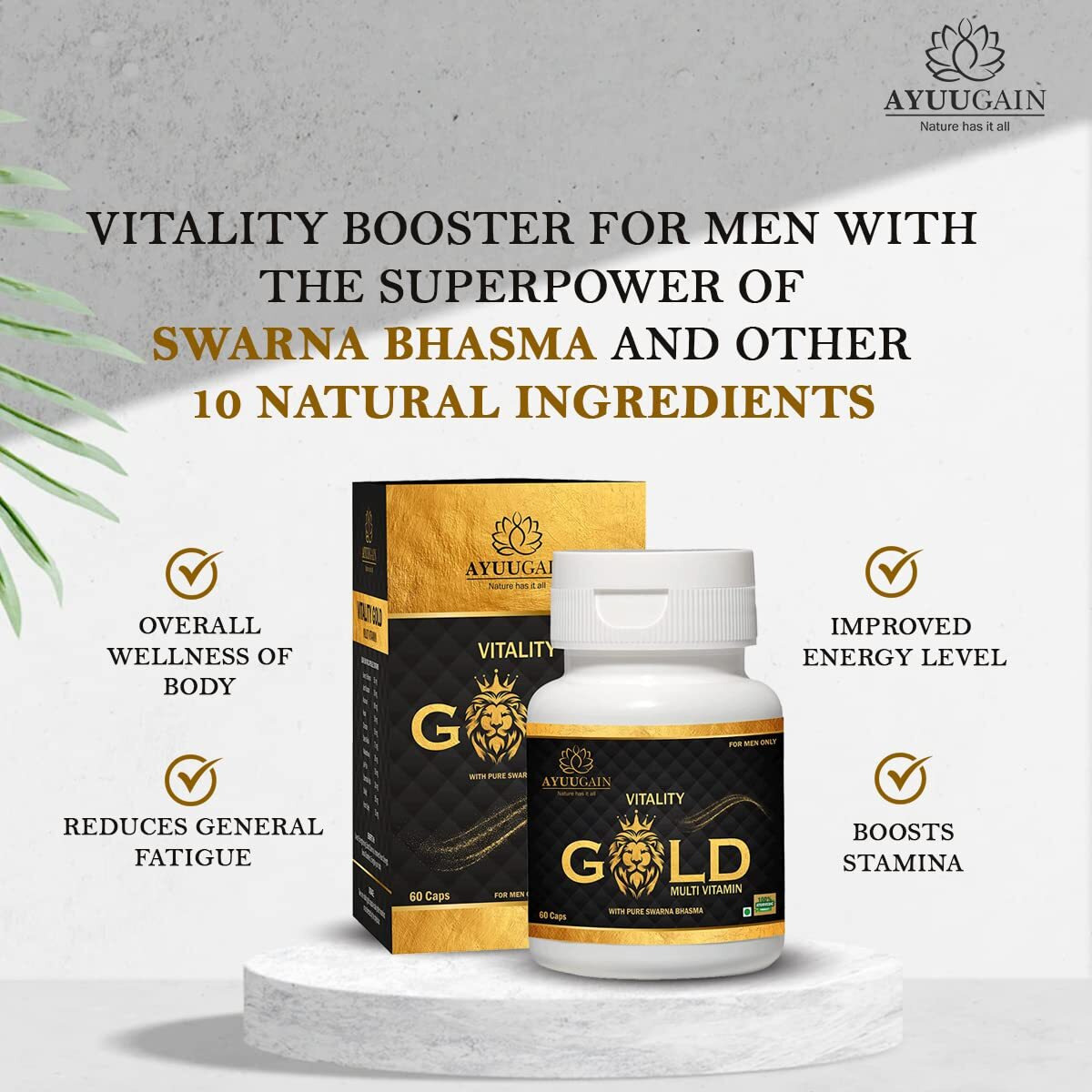 Ayuugain Vitality Gold Capsule For Men With Swarna Bhasma, Shilajeet, Safed Musli, Akarkara, Makardhwaj, Jund Bedastar, Konch Beej| Overall Health Booster Ayurvedic Stamina Supplement For Men -60 Caps