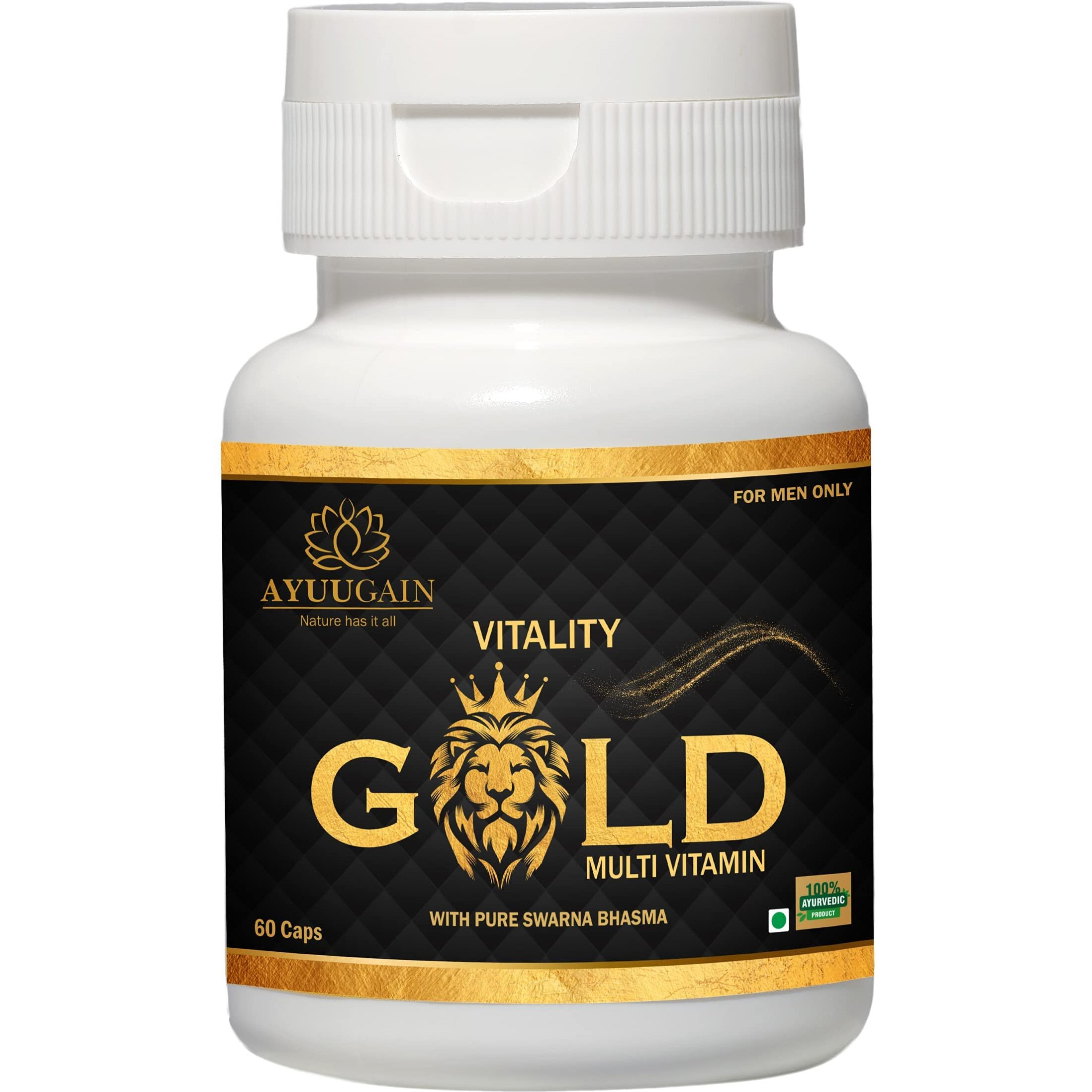 Ayuugain Vitality Gold Capsule For Men With Swarna Bhasma, Shilajeet, Safed Musli, Akarkara, Makardhwaj, Jund Bedastar, Konch Beej| Overall Health Booster Ayurvedic Stamina Supplement For Men -60 Caps