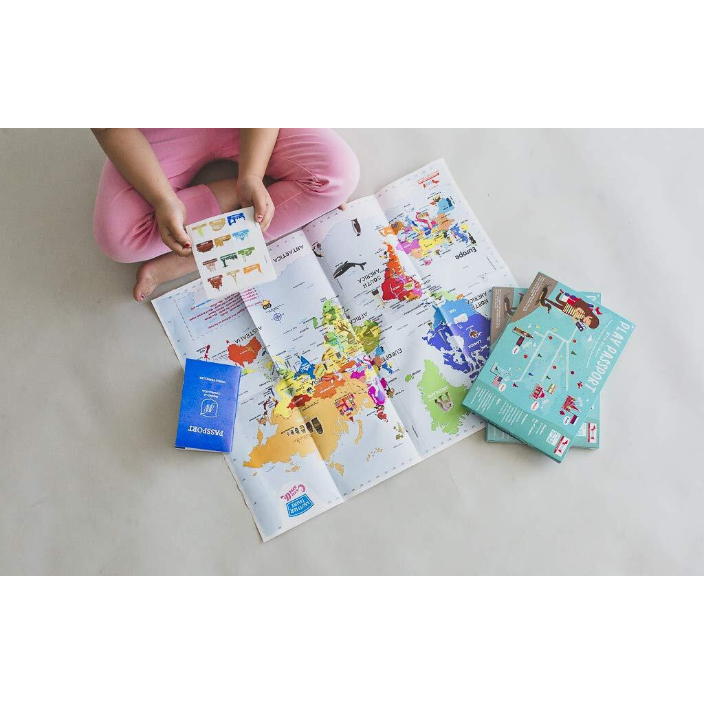 Cocomoco Kids World Geography Combo Pack Return Gifts For Kids Birthday-20 Pieces Of Pretend Play Passport Activity Kit With World Map For Kids,Countries,Flags,Capitals Educational Toys,Multicolor