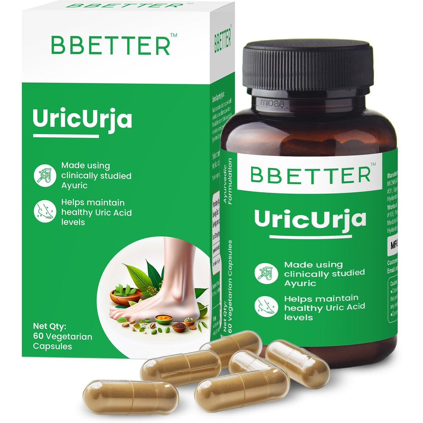 Bbetter Uricurja - Lab Tested Ayurvedic Medicine For Uric Acid Levels Management | Gout Pain Relief Medicine | 60 Capsules For Healthy Uric Acid Levels