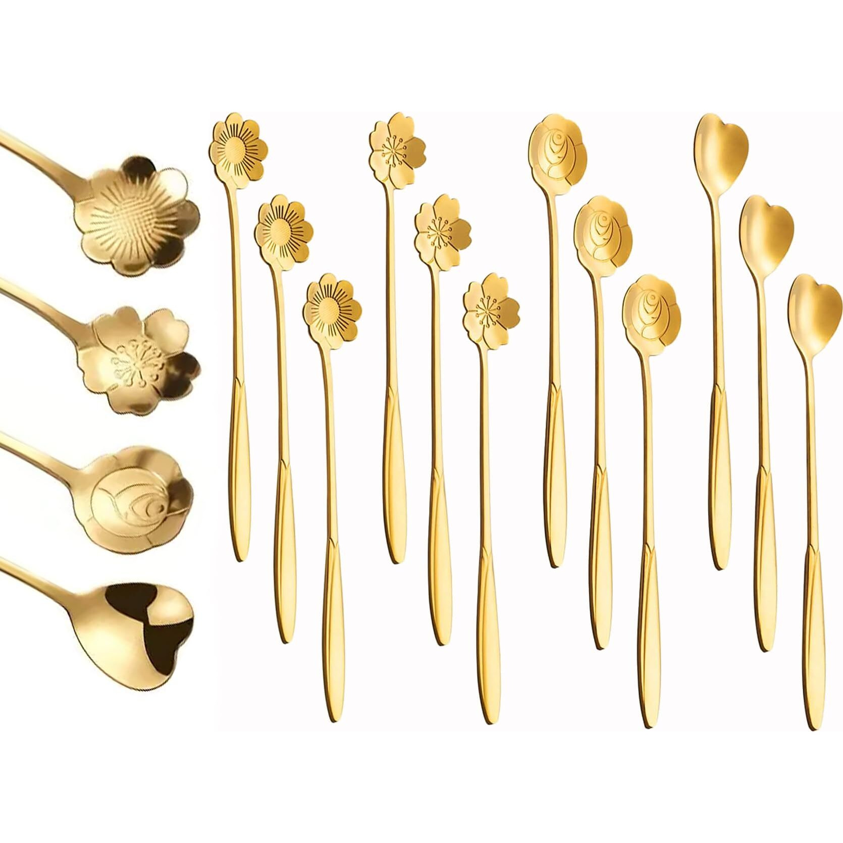 Style Keepers 12Pcs Flower Dessert Spoons, Coffee Teaspoon Set Stainless Steel Tableware Sugar Spoon Small Tea Spoons Cafe Bar Spoon Cute Coffee Teaspoon Mini Tableware, 4 Styles (Gold) (12), 18Cm