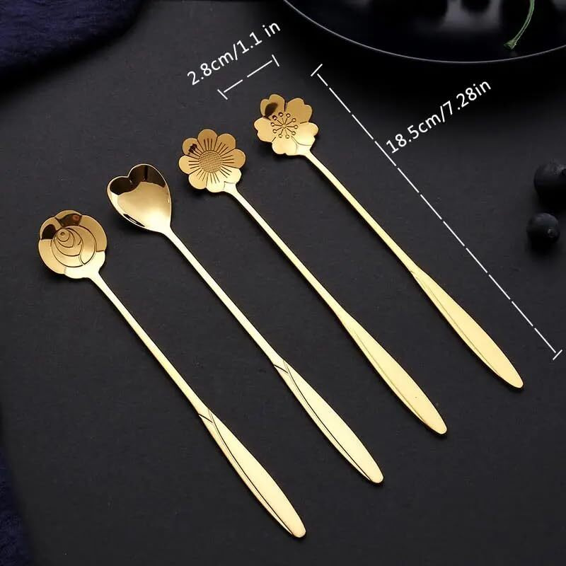Style Keepers 12Pcs Flower Dessert Spoons, Coffee Teaspoon Set Stainless Steel Tableware Sugar Spoon Small Tea Spoons Cafe Bar Spoon Cute Coffee Teaspoon Mini Tableware, 4 Styles (Gold) (12), 18Cm